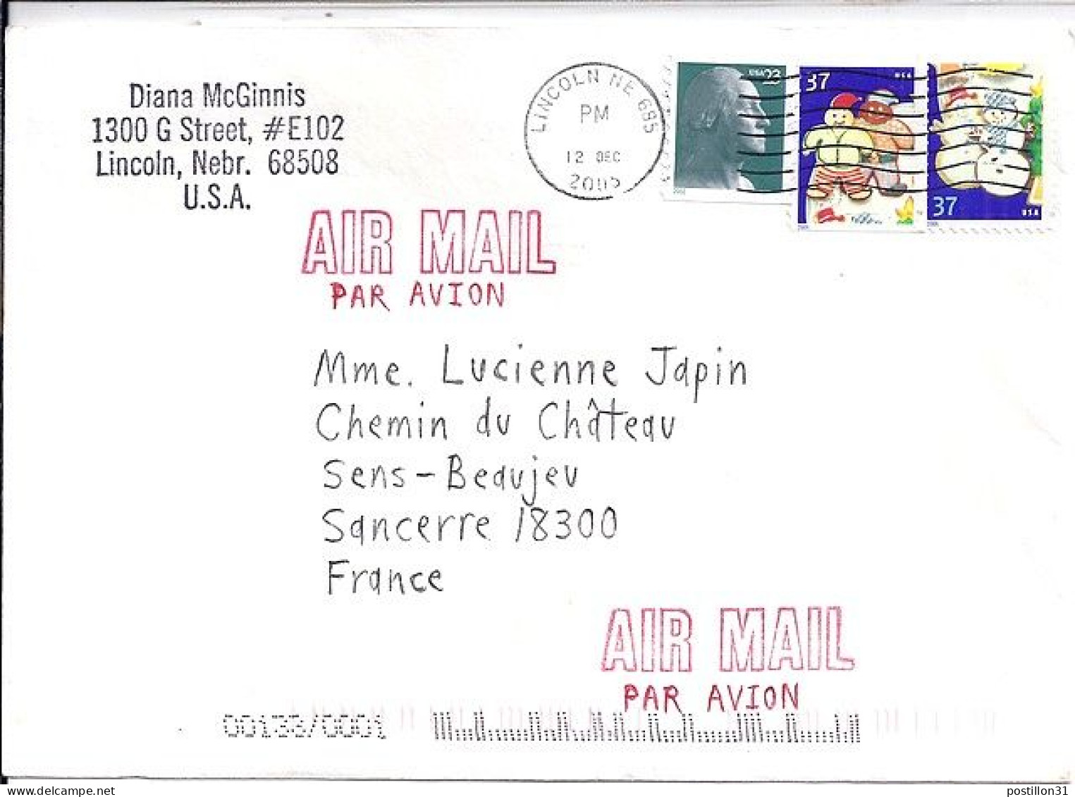 USA N° S/L.DE LINCOLN/12/12/05 POUR LA FRANCE - Briefe U. Dokumente