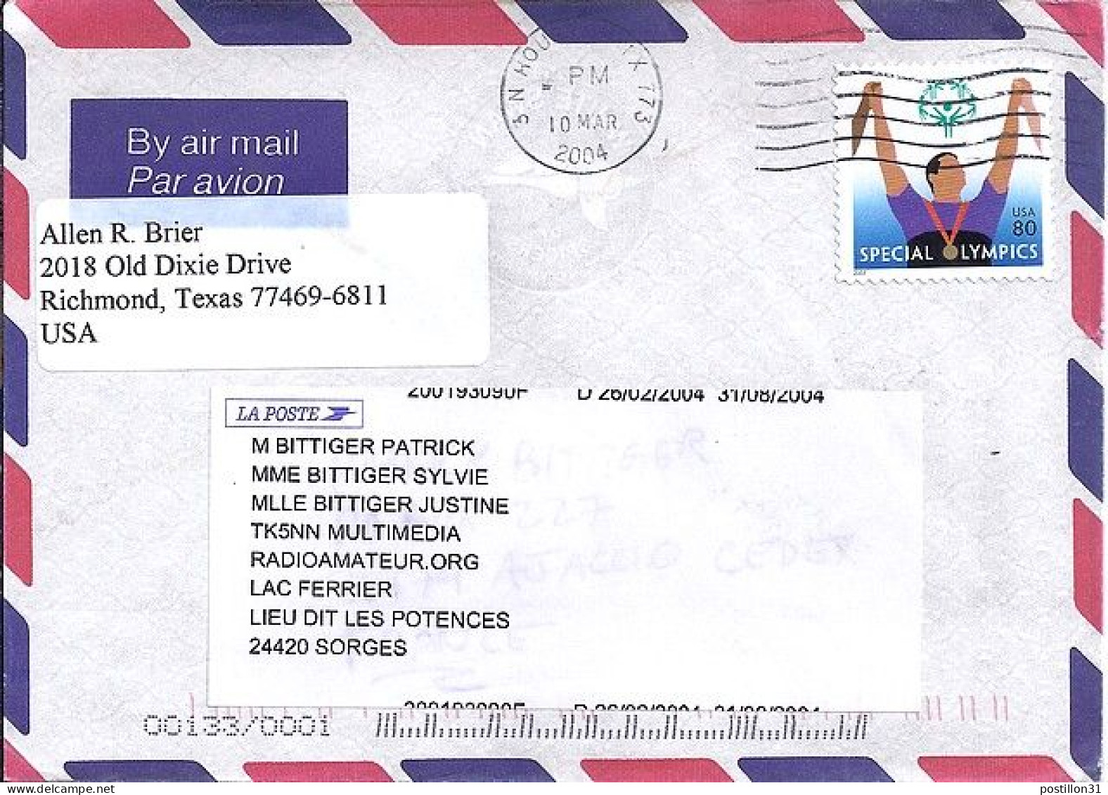 USA N° S/L.DE HOUSTON/10.3.04 POUR LA FRANCE - Cartas & Documentos