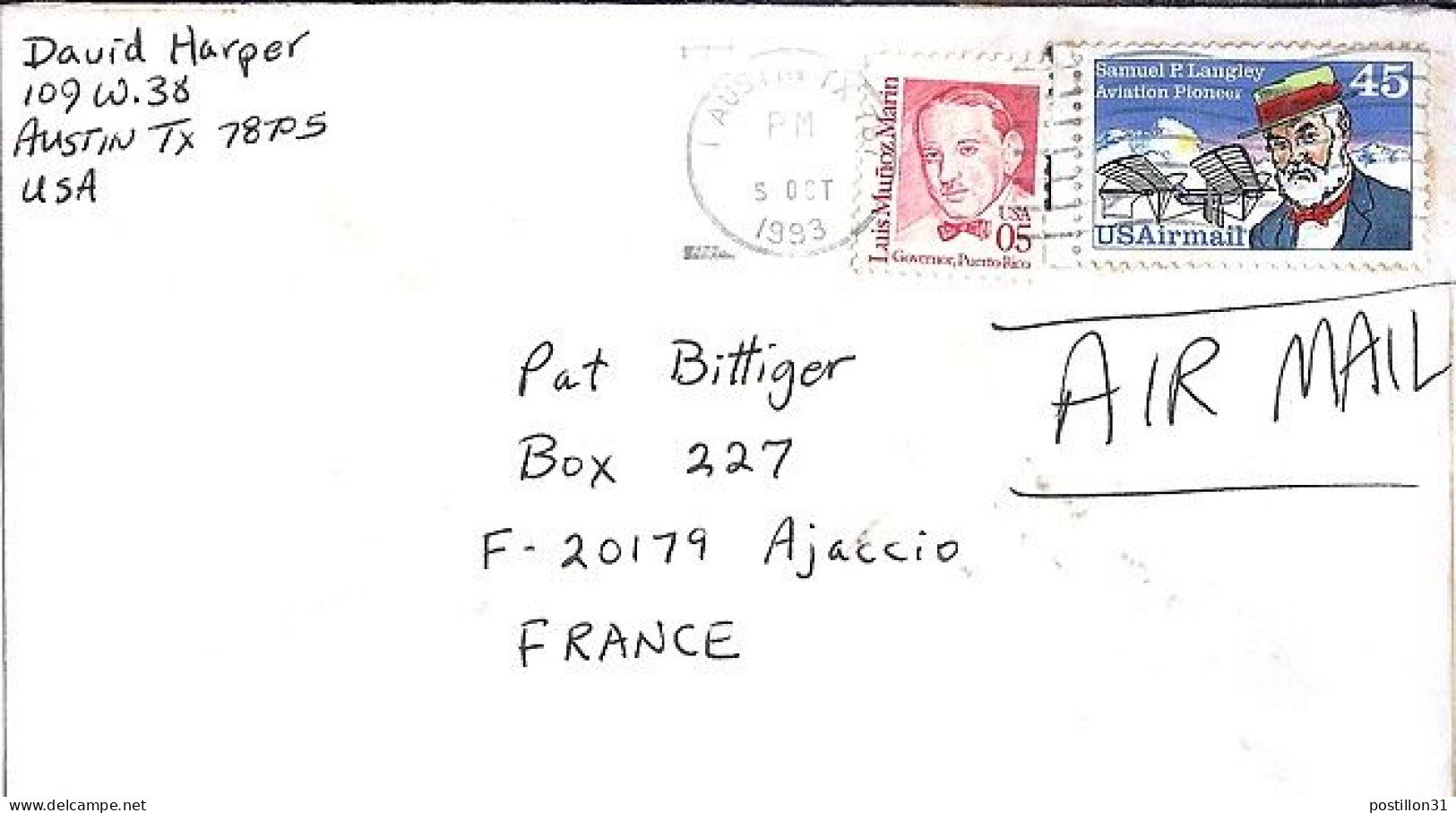 USA N° S/L.DE AUSTIN/5.10.93 POUR LA FRANCE - Briefe U. Dokumente