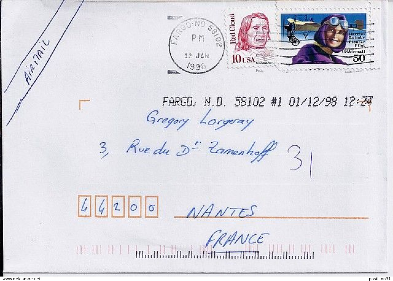 USA N° PA121 + COMPL. S/L.DE FARGO/12.1.98 POUR LA FRANCE - Storia Postale