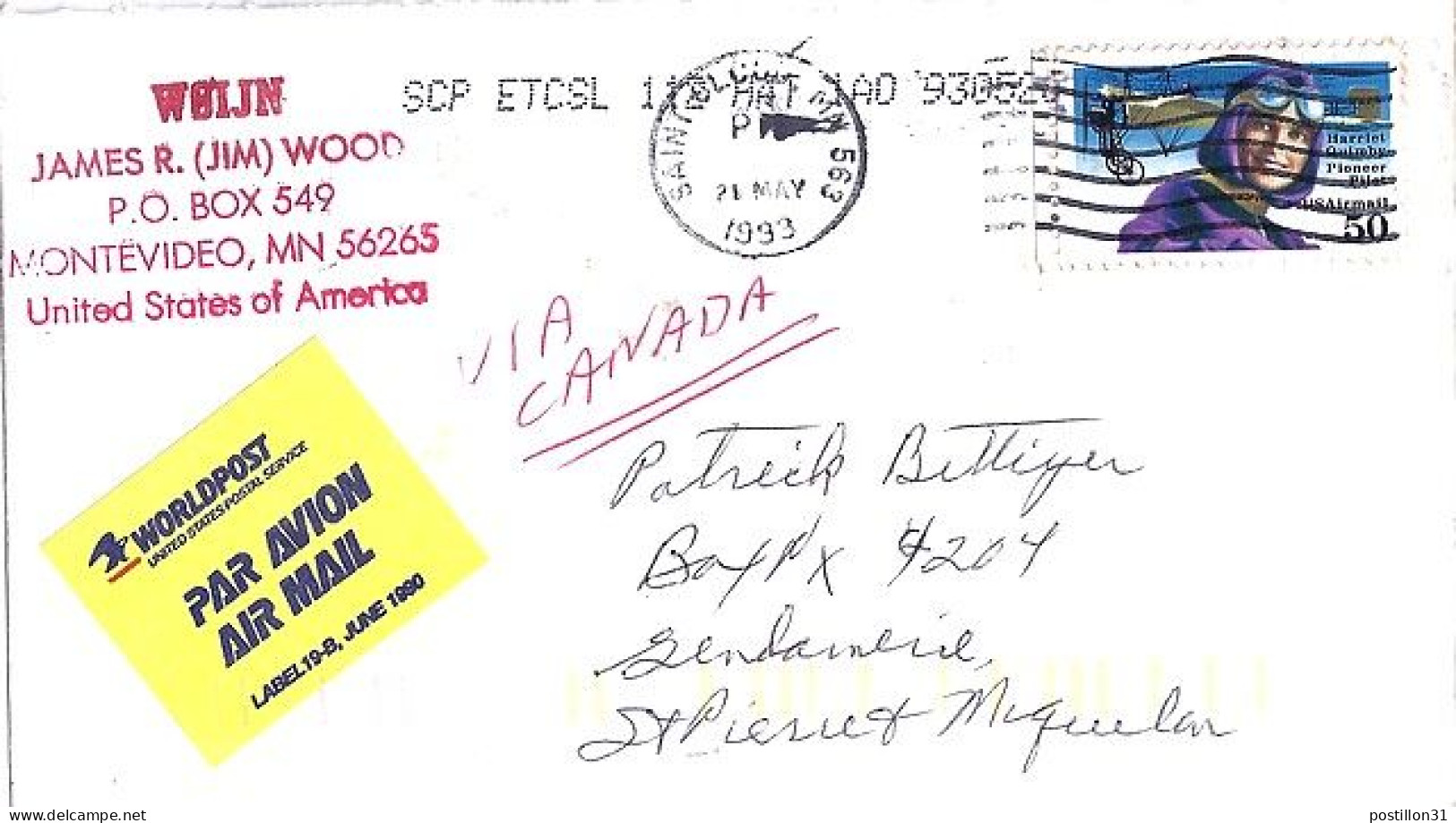 USA N° PA121 S/L.DE MONTEVIDEO/21.5.93 POUR ST PIERRE ET MIQ. - Briefe U. Dokumente