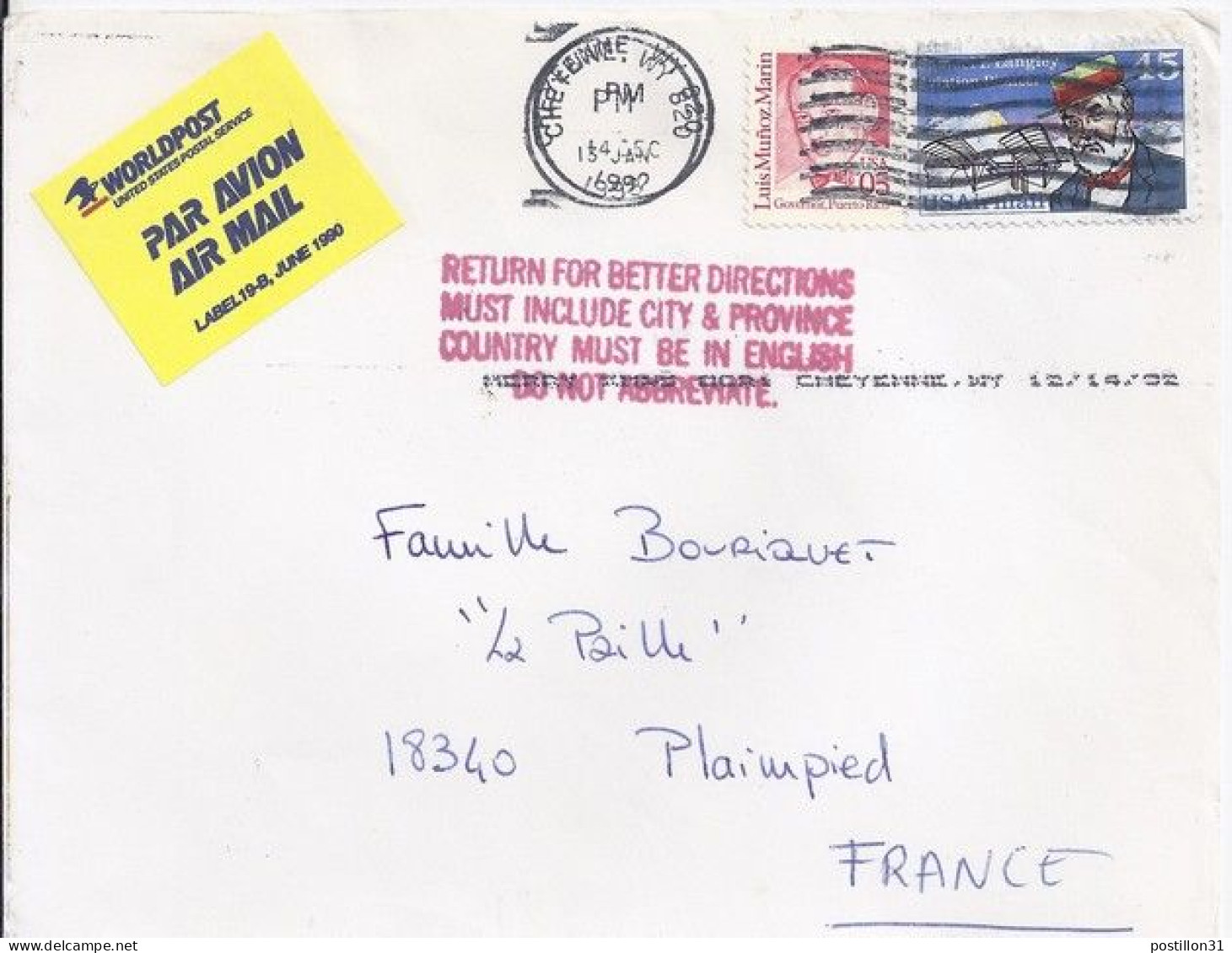USA N° PA112 + COMPL. S/L.DE CHEYENNE/13.1.93 POUR LA FRANCE - Brieven En Documenten