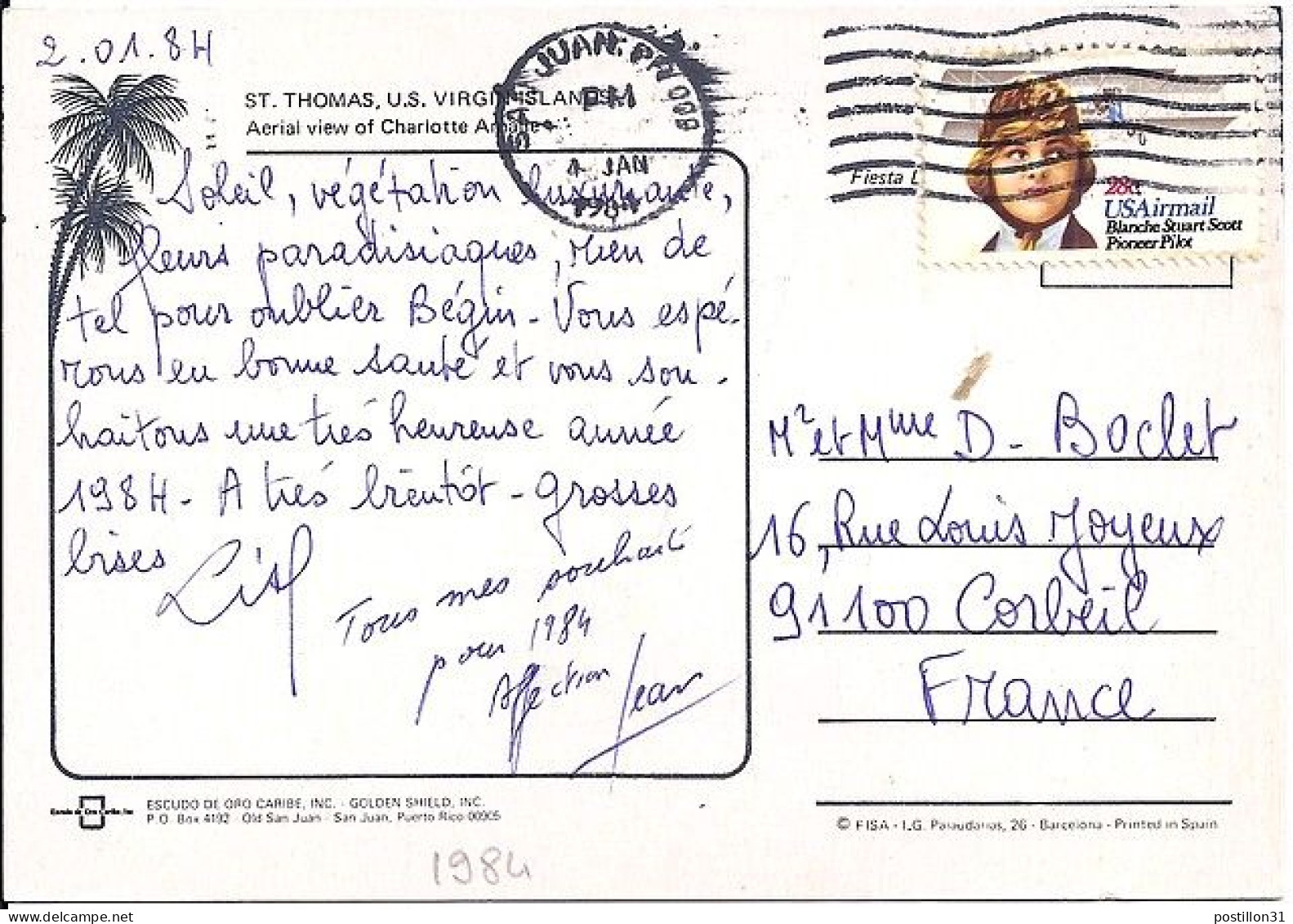 USA N° PA93 S/CP.DE SAN JUAN/4.1.84 POUR LA FRANCE - Lettres & Documents