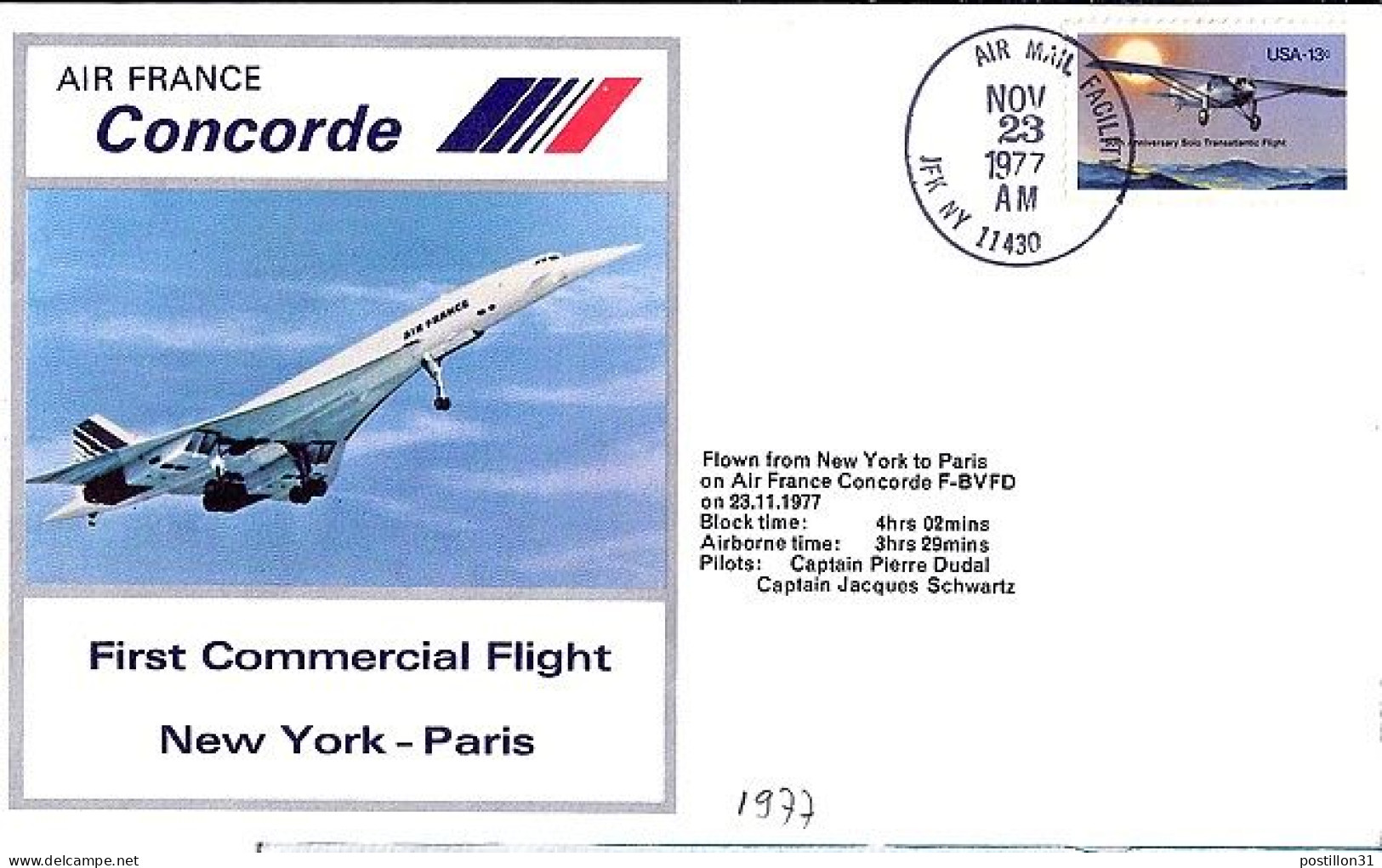 USA N° 1159 S/L.DE NY/23.11.77 POUR FRANCE + 1° VOL CONCORDE NY-PARIS - Cartas & Documentos