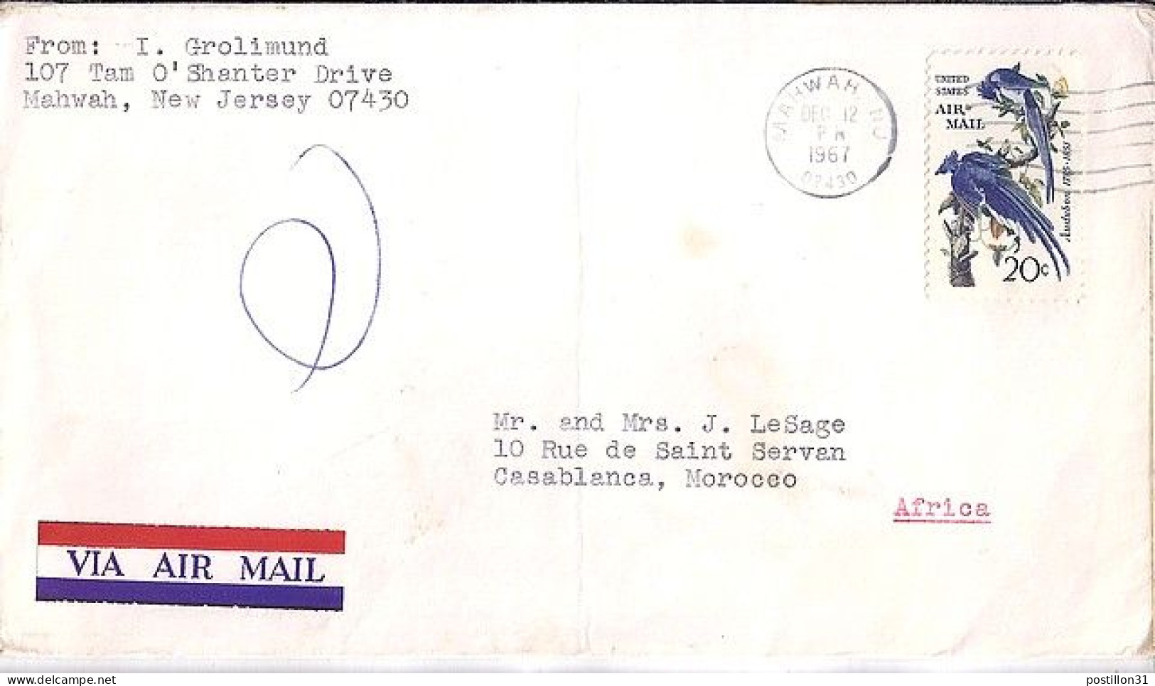 USA N° PA67 S/L.DE MAHWAH/12.12.67 POUR LE MAROC - Covers & Documents