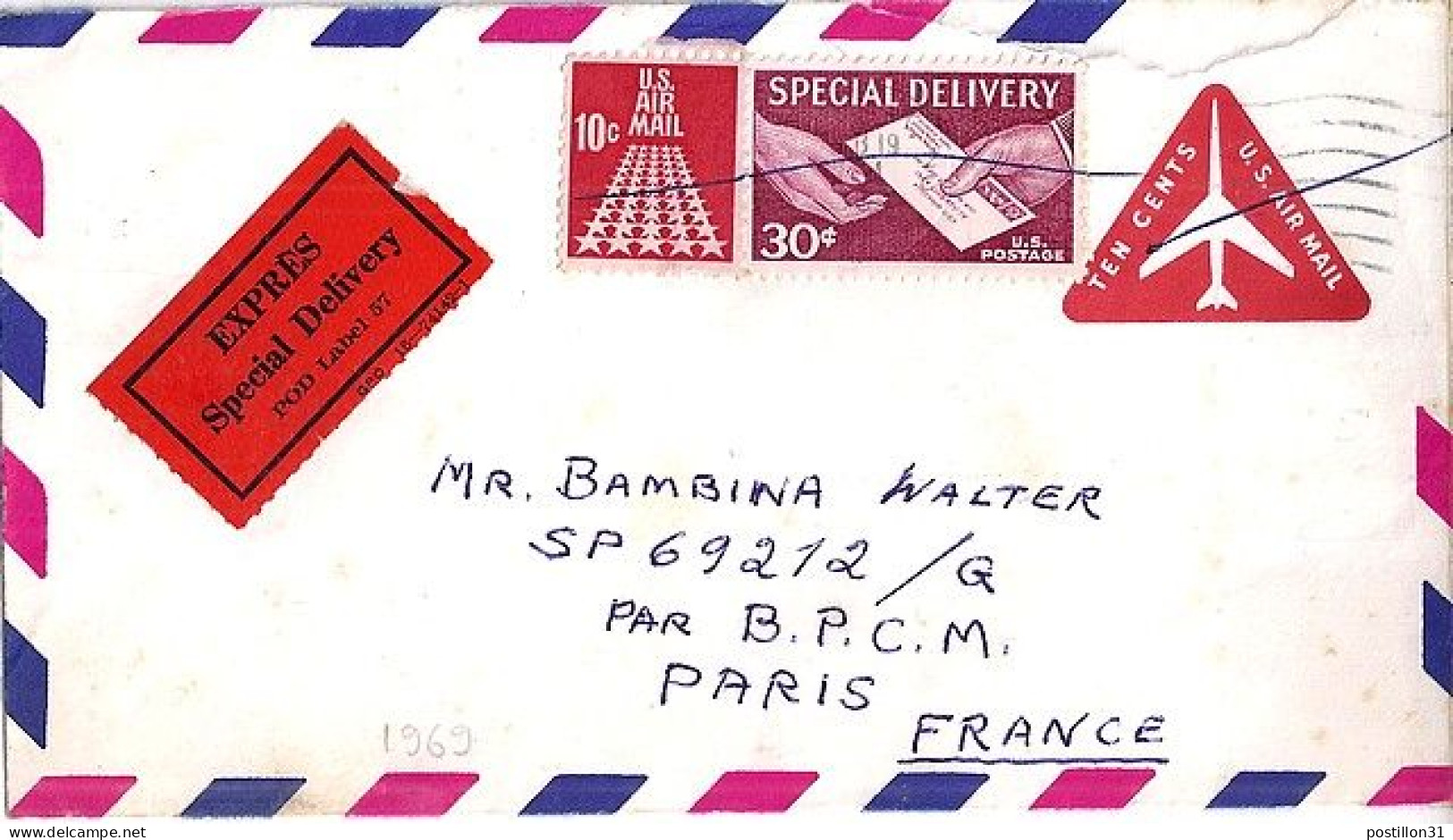 USA N° PA69+TP EXPRESS S/ENTIER POSTAL DE KEANSBURG/1969  POUR LA FRANCE - Cartas & Documentos