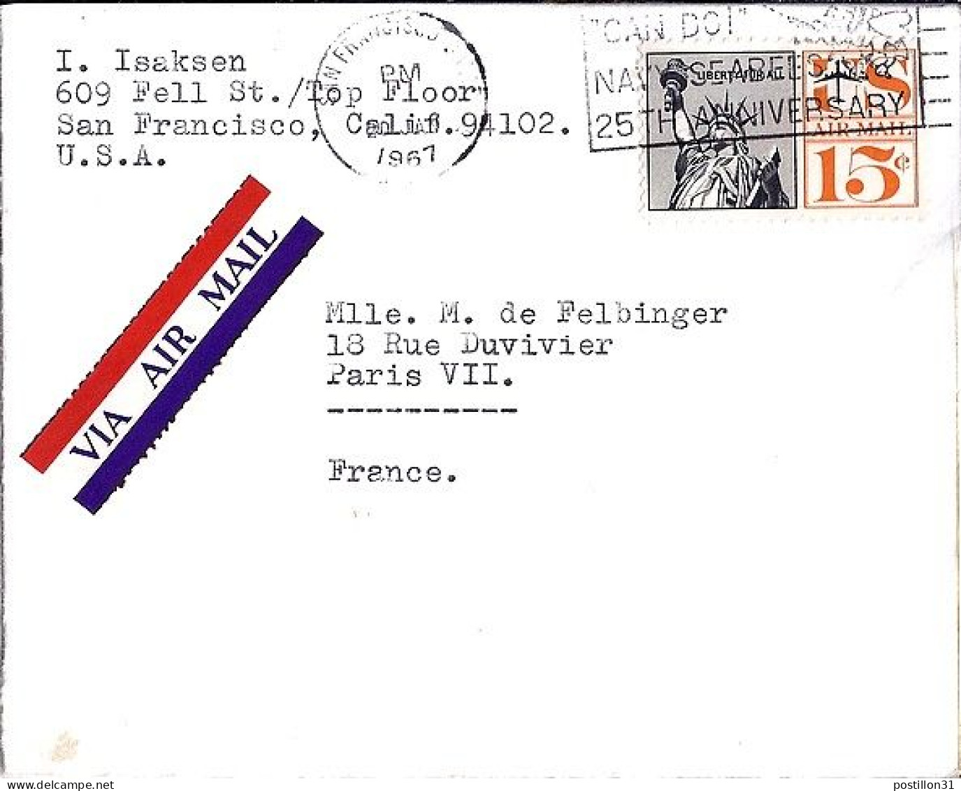 USA N° PA 58 S/L.DE SAN FRANCISCO/2.1.67 POUR LA FRANCE - Cartas & Documentos