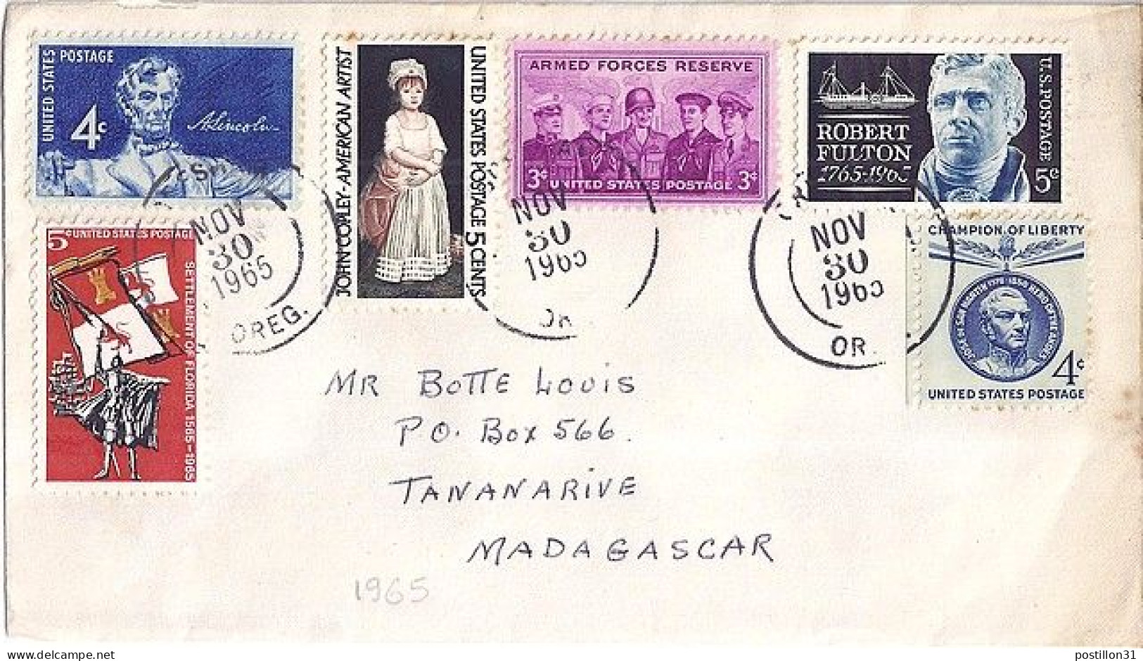 USA N° 790/787/788/659/661/594 S/L.DE OREGON/30.11.65 POUR MADAGASCAR - Storia Postale