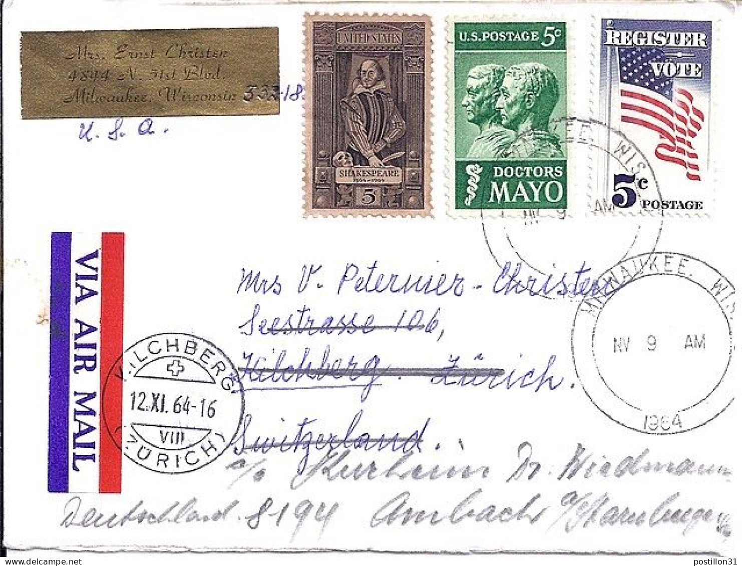 USA N° 765/766/767 S/L.DE MILWAUKEE/9.11.64 POUR LA SUISSE - Cartas & Documentos