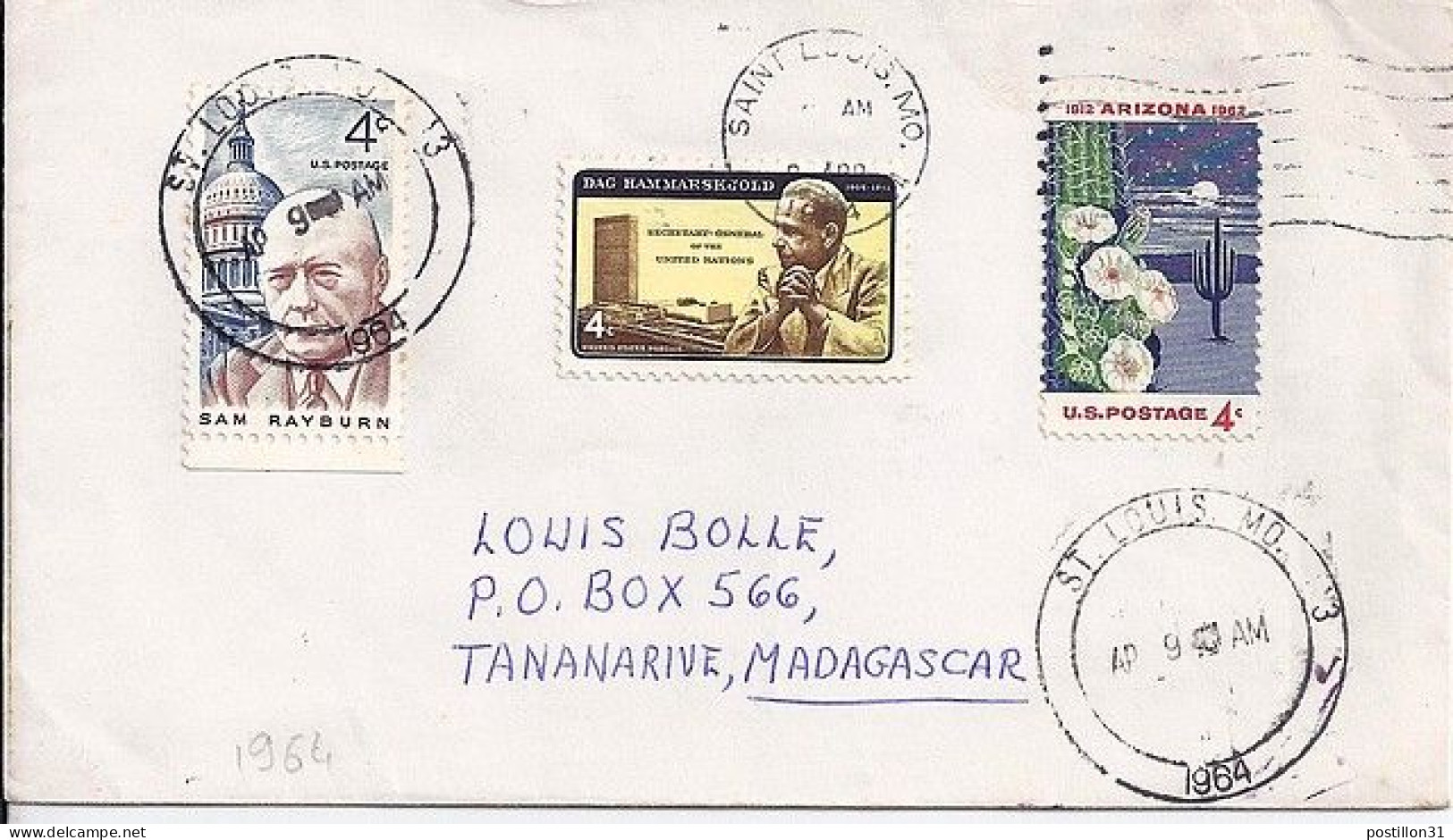 USA N° 736/734/724 S/L.DE ST LOUIS/9.4.64 POUR MADAGASCAR - Lettres & Documents
