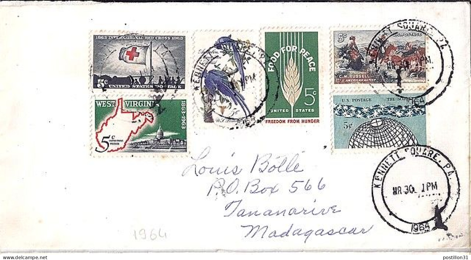 USA N° 753/746/745/757/758/752 S/L.DE KENNETTSQUARE/30.3.64 POUR MADAGASCAR - Storia Postale