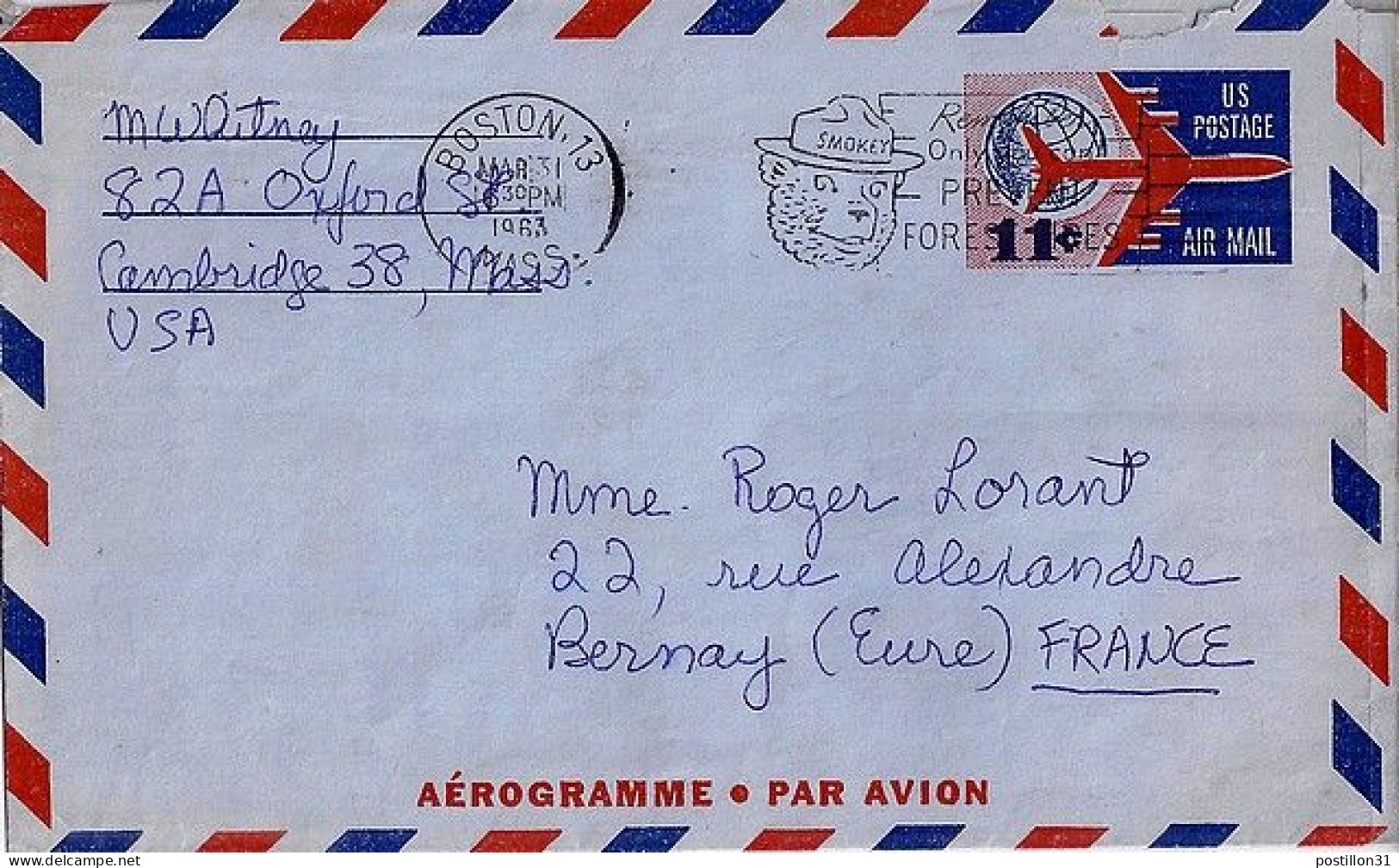 USA N° AEROGRAMME DE BOSTON/31.3.63 POUR LA FRANCE - Cartas & Documentos