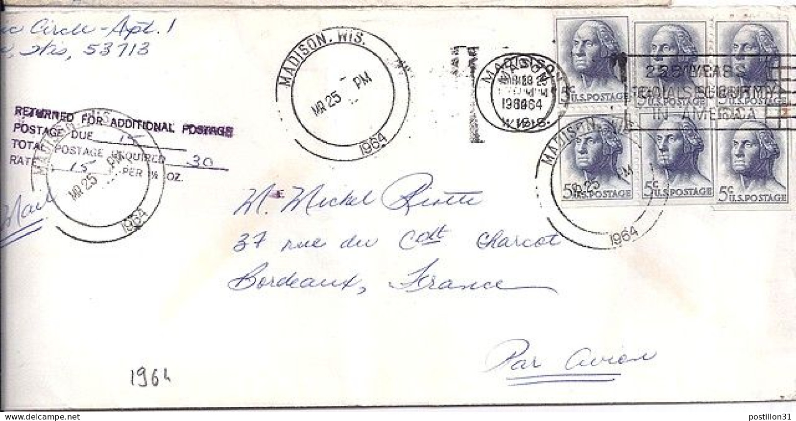 USA N° 741 X 6 S/L.DE MADISON/25.3.64 POUR LA FRANCE - Brieven En Documenten