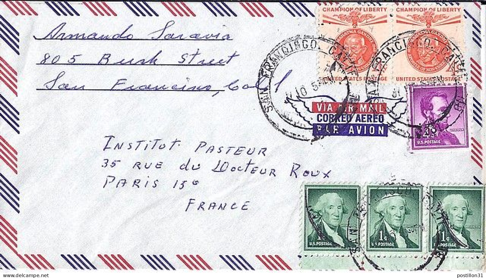 USA N° 709x2/587x3/589 S/L.DE SAN FRANCISCO/10.7.61 POUR LA FRANCE - Storia Postale