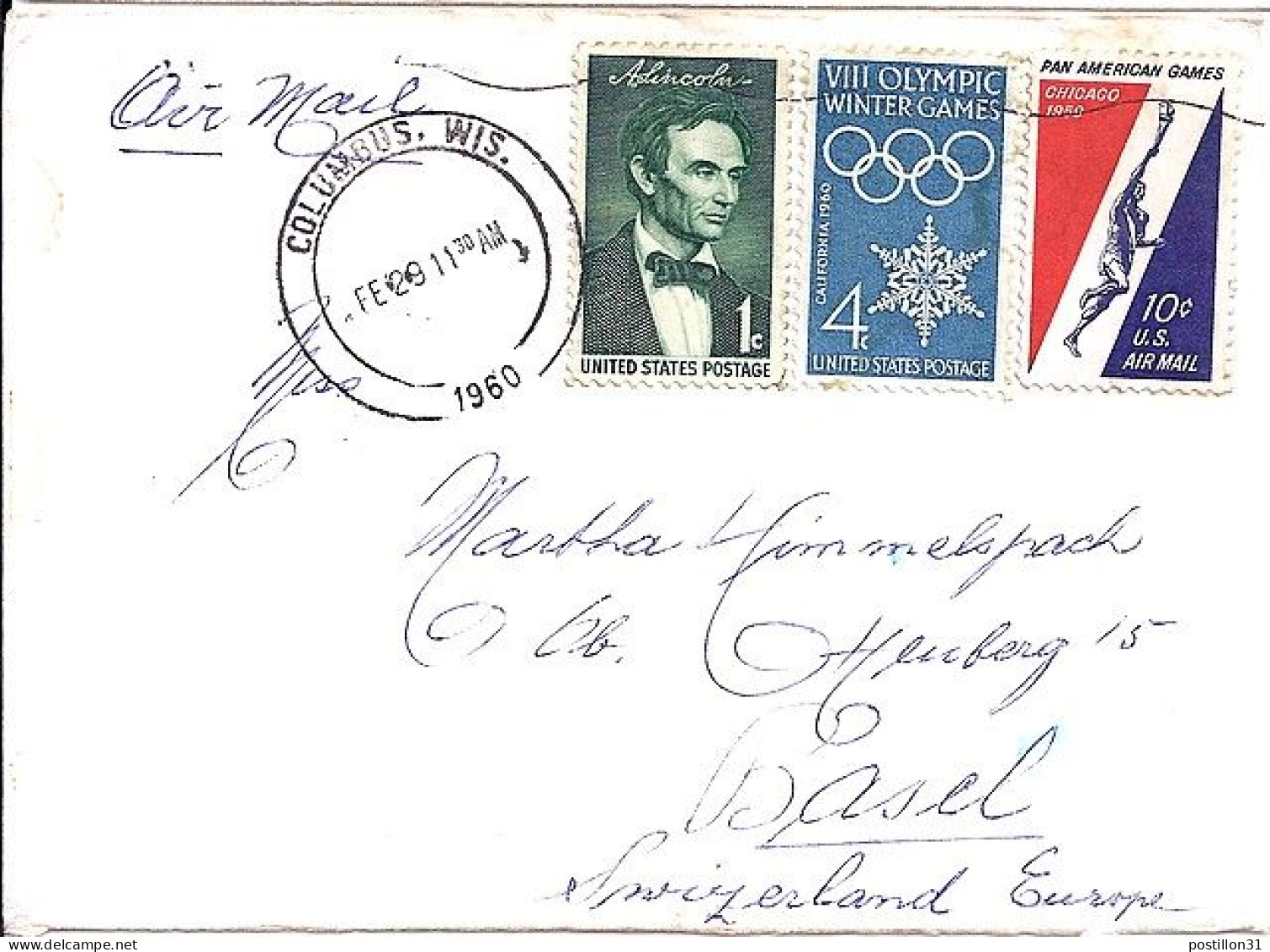 USA N° PA 54/657/680 S/L.DE COLUMBUS/29.2.60 POUR LA SUISSE (date Rare) - Lettres & Documents