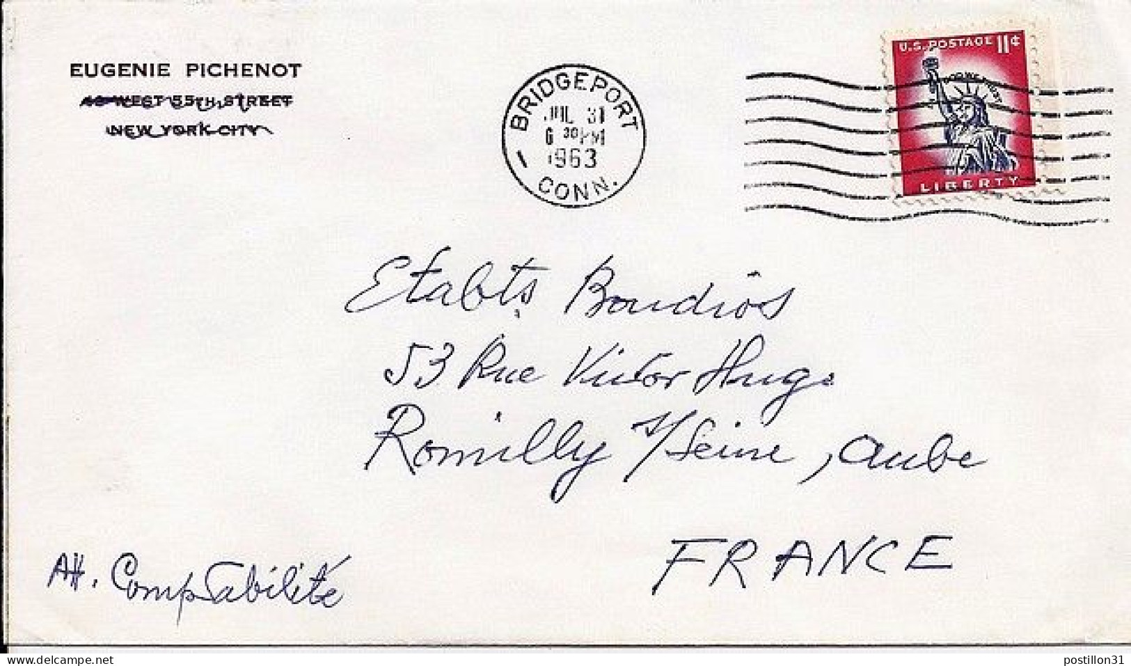 USA N° 637A S/L.DE BRIDGEPORT/31.7.63 POUR LA FRANCE - Lettres & Documents