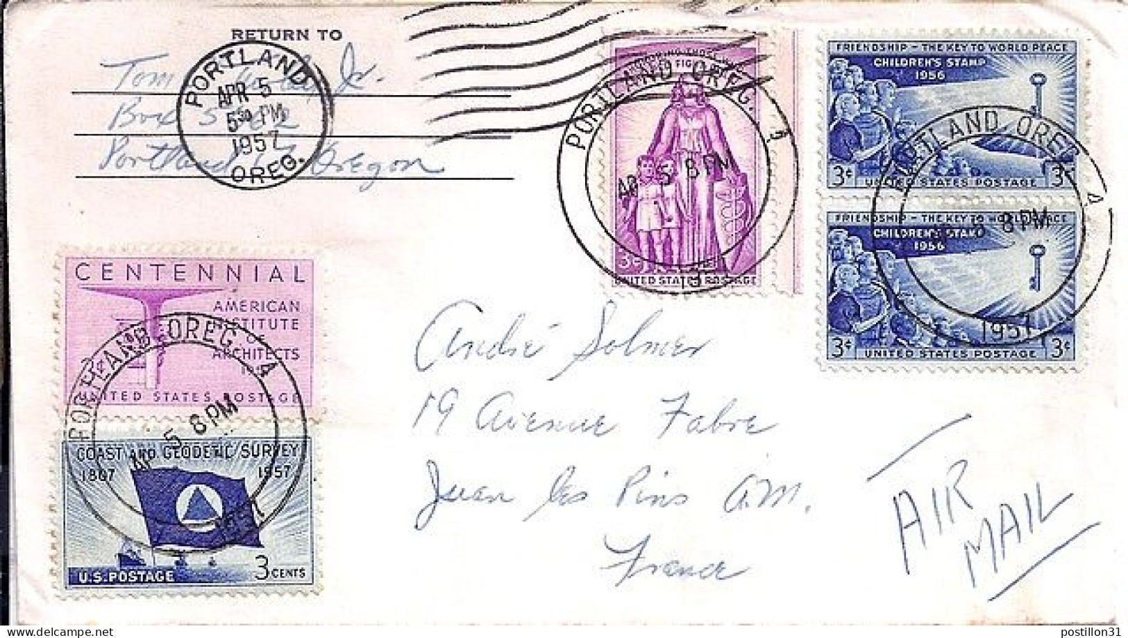 USA N° 626/625/624/622x2 S/L.DE PORTLAND/5.4.57 POUR LA FRANCE - Storia Postale