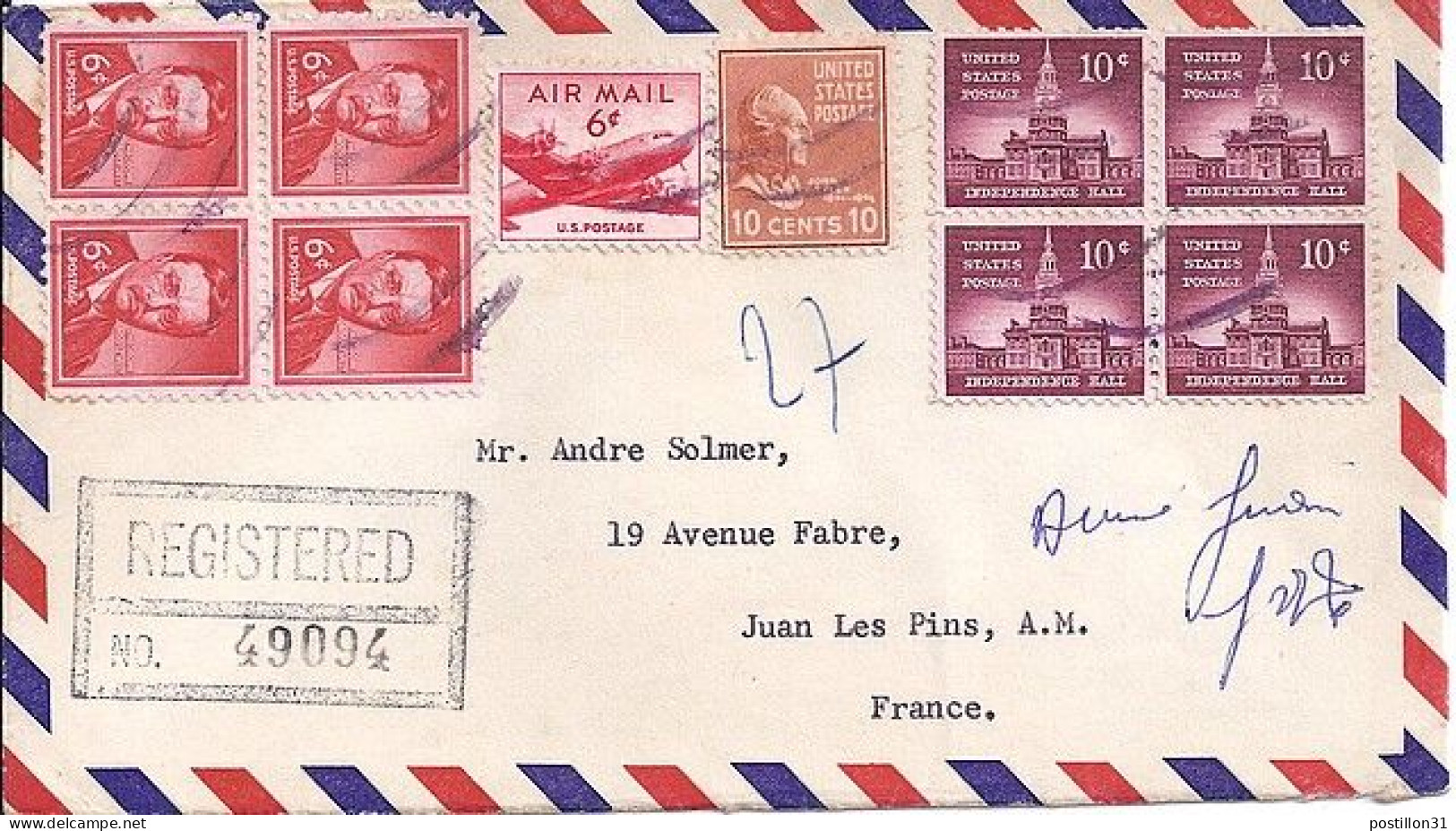 USA N° PA35/600x4/615x4/380 S/L.REC.DE SAN FRANCISCO/16.6.58 POUR LA FRANCE  - Storia Postale