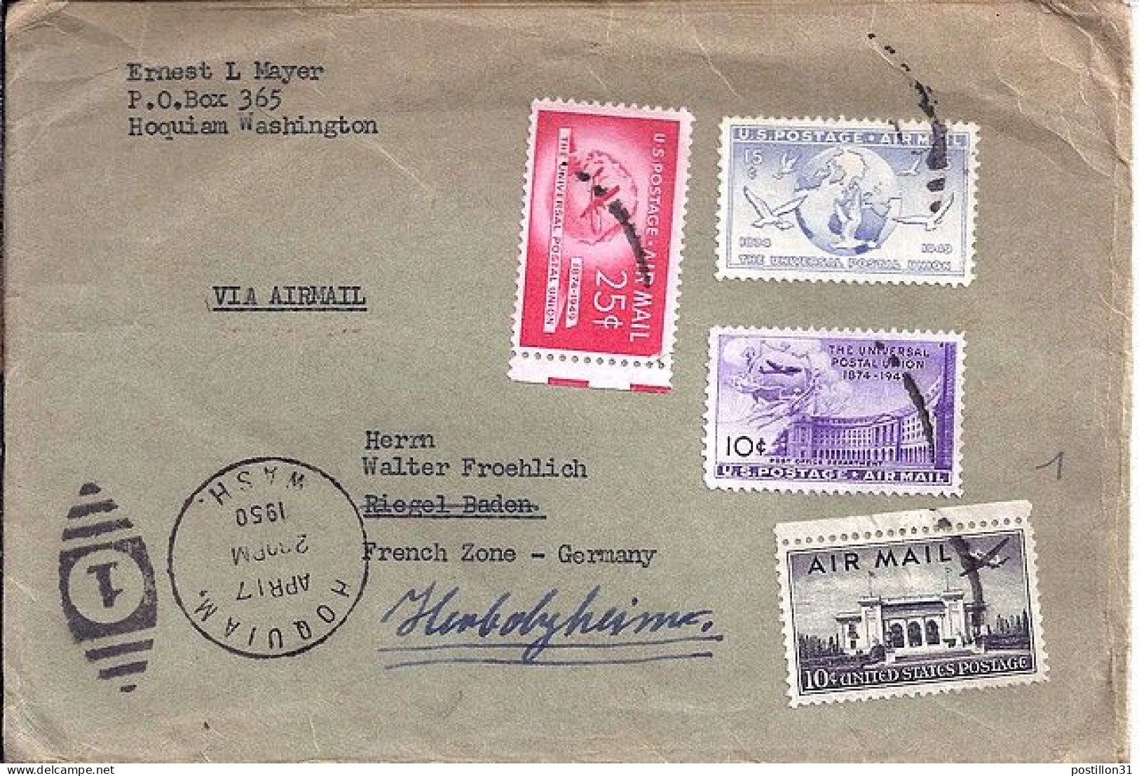 USA N° PA36/PA41/PA42/PA43 S/L.DE HOQUIAM/17.4.50 POUR L’ALLEMAGNE ZONE FRANCE - Storia Postale