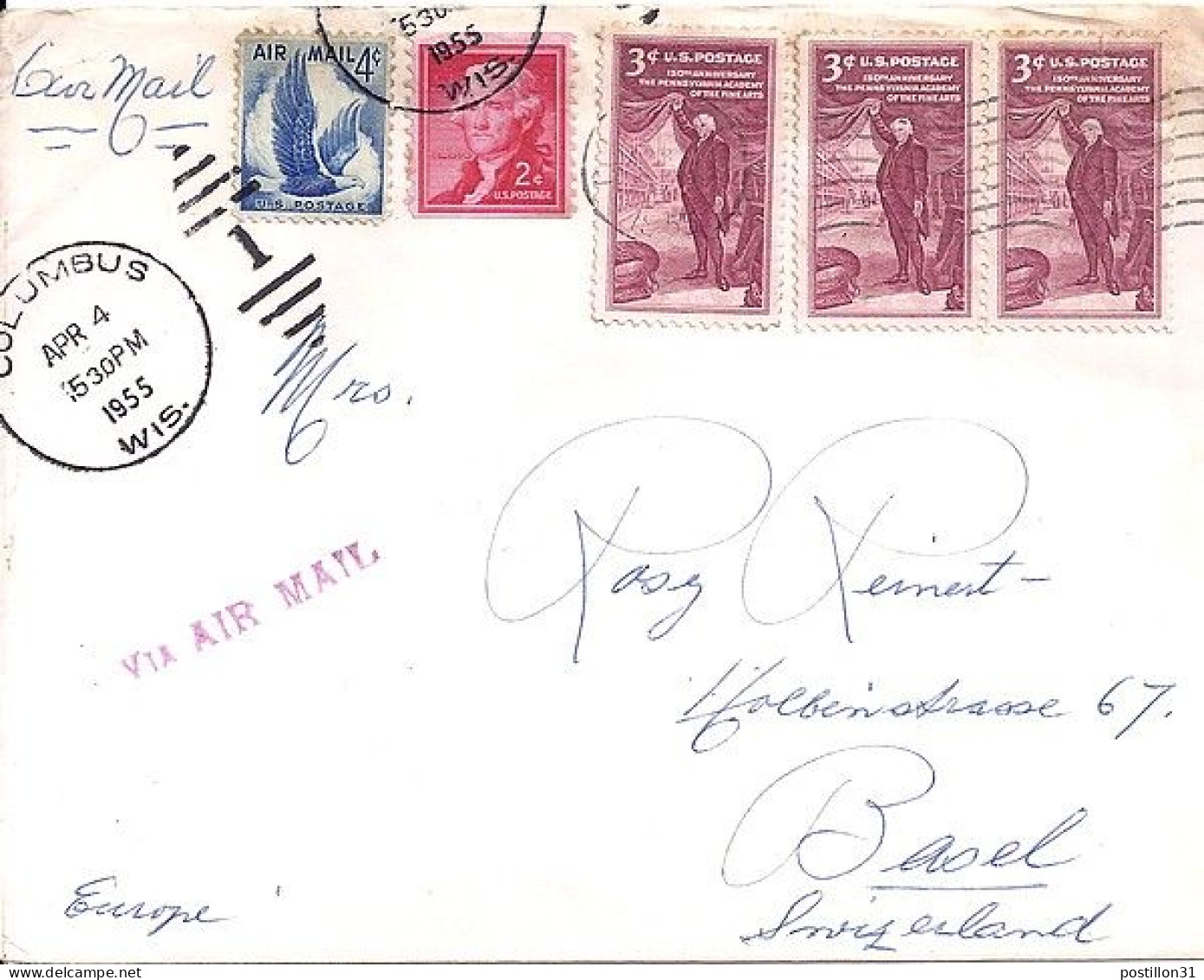 USA N° 591x3/PA47 + COMPL.S/L.DE COLUMBUS/4.4.55 POUR LA SUISSE - Covers & Documents