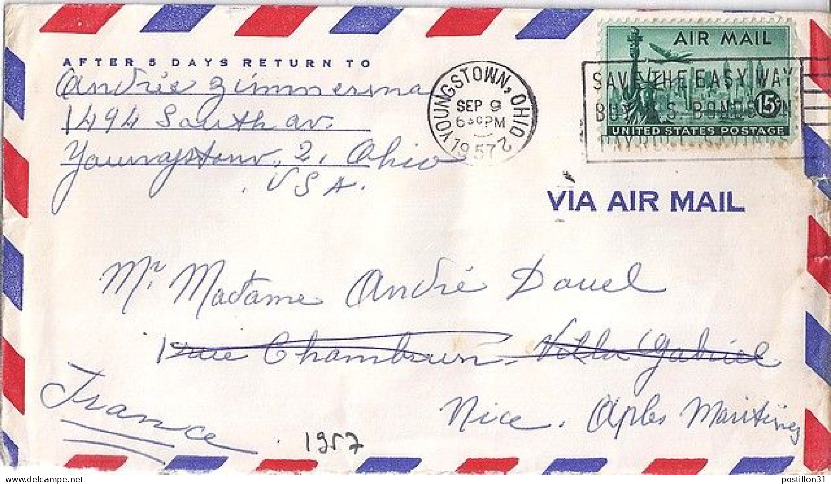 USA N° PA 37 S/L.DE YONGSTOWN/9.9.57 POUR LA FRANCE - Brieven En Documenten