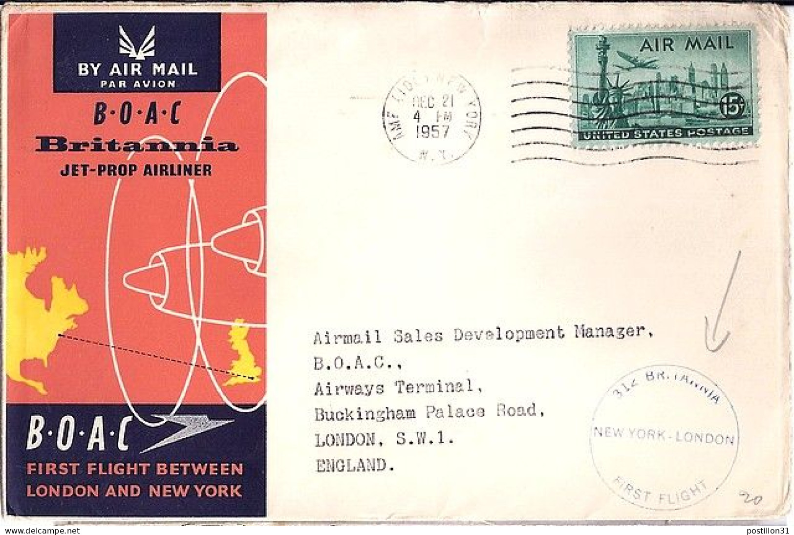 USA N° PA 37 S/L.DE NY/21.12.57 POUR L’ANGLETERRE   1° VOL NY-LONDRES  - Lettres & Documents