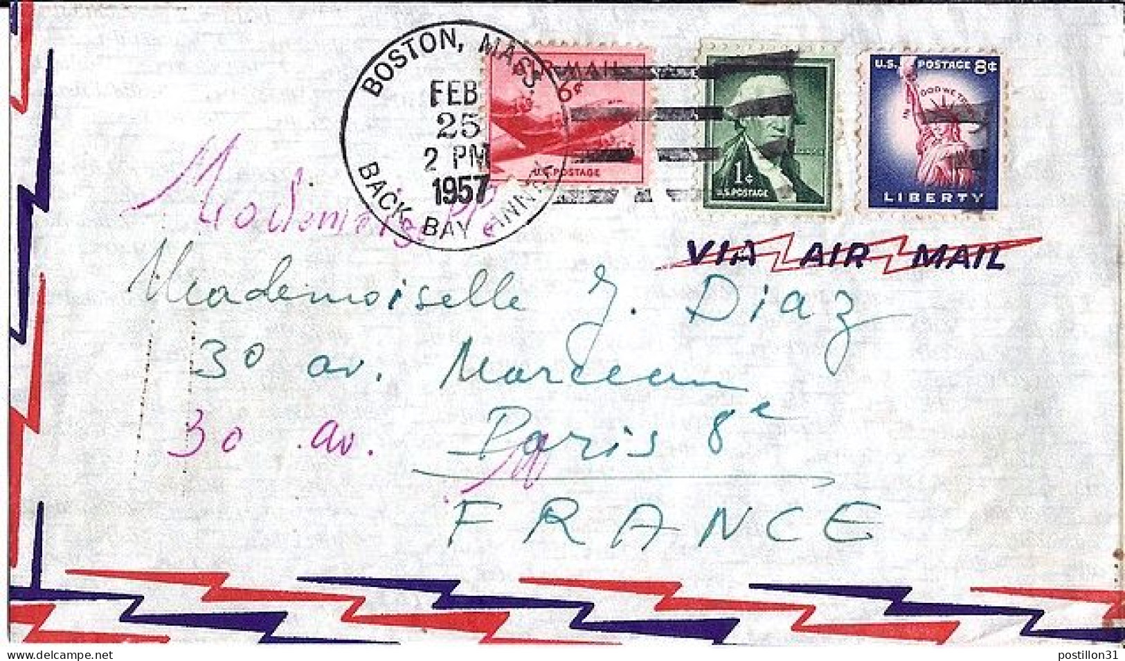 USA N° PA35/637/587 S/L.DE BOSTON/25.2.57 POUR LA FRANCE - Lettres & Documents