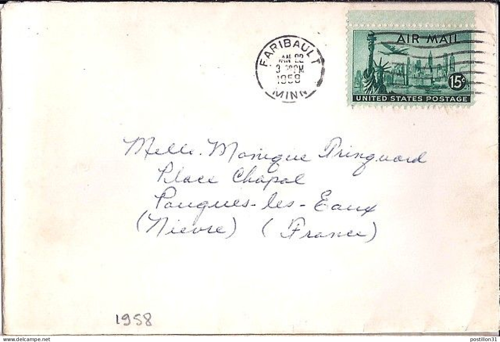 USA N° PA 37  S/L.DE FARIBAULT/22.1.58 POUR LA FRANCE - Brieven En Documenten