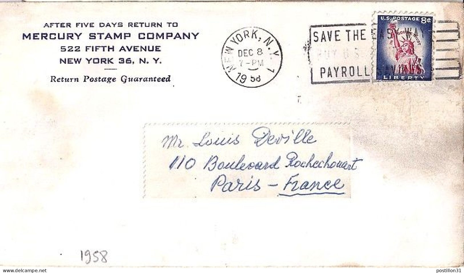 USA N° 582 S/L.DE NY/8.12.58 POUR LA FRANCE - Lettres & Documents