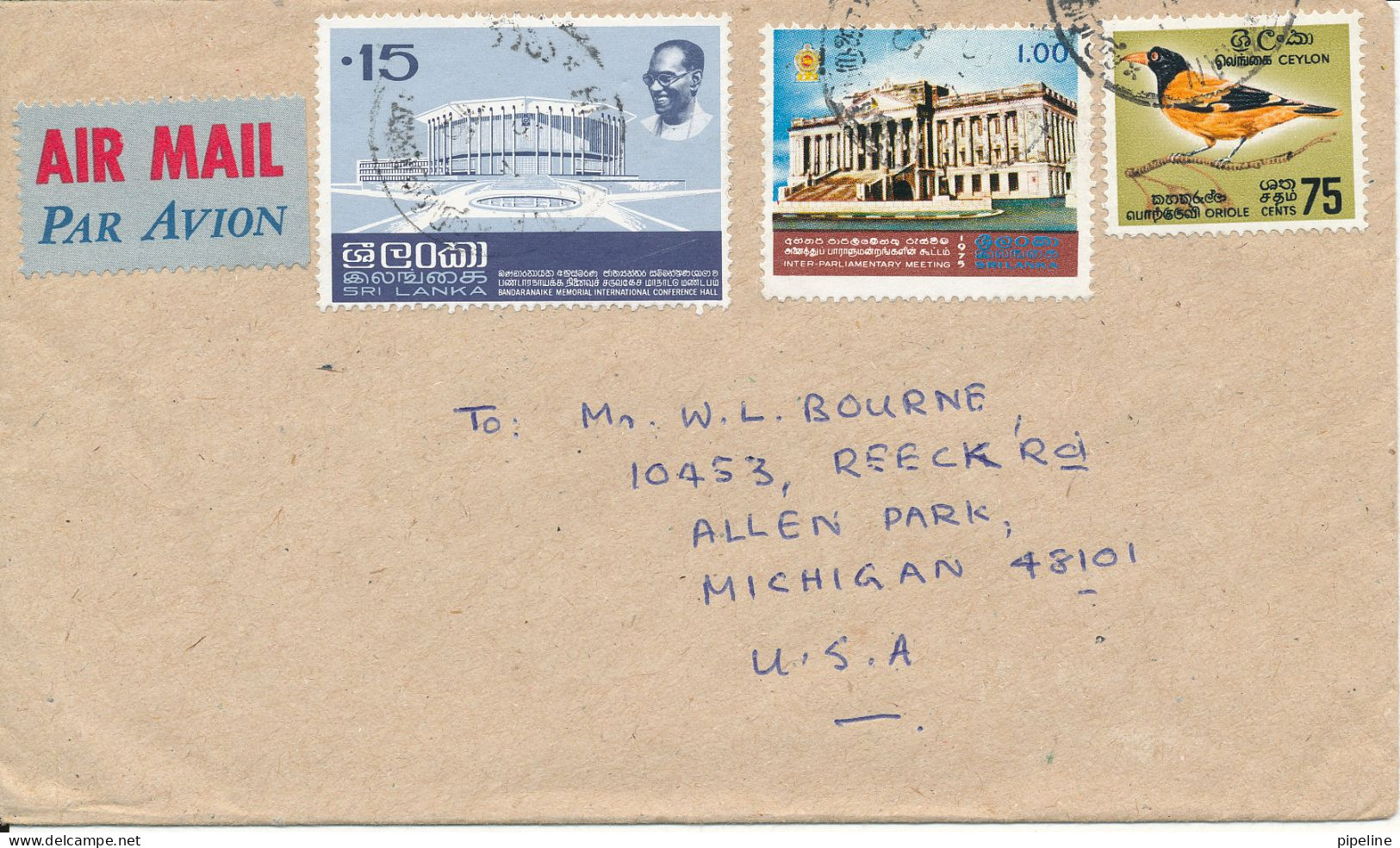 Sri Lanka Cover Sent Air Mail To USA 1975 Bird Stamp - Sri Lanka (Ceylan) (1948-...)