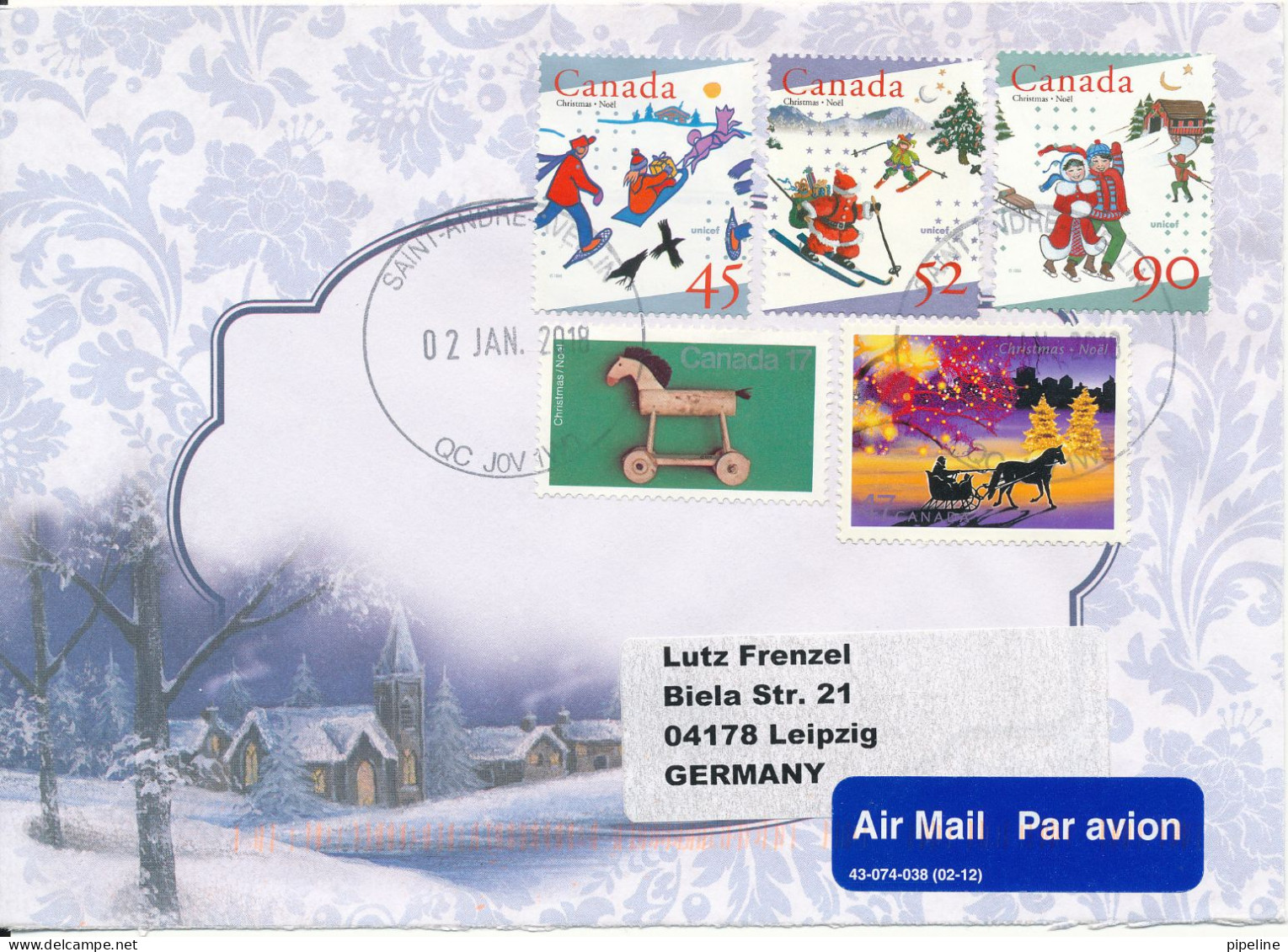 Canada Cover Sent Air Mail To Germany 2-1-2018 With More Christmas Stamps Very Nice Cover - Luchtpost