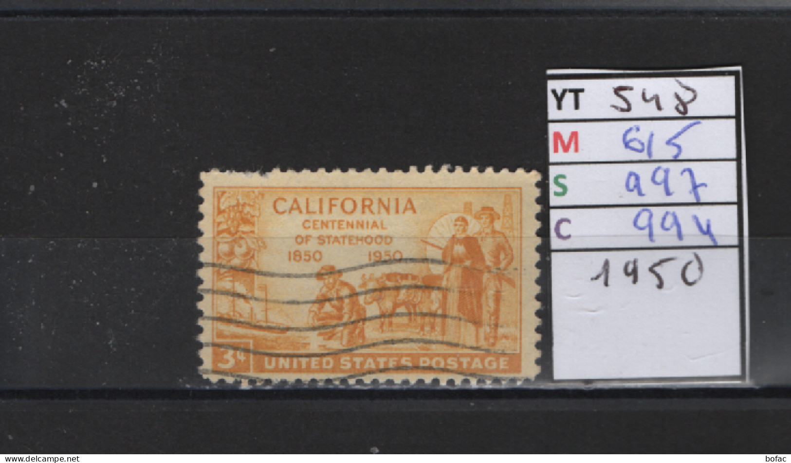 PRIX FIXE Obl 548 YT 615 MIC 997 SCO 994 GIB Premiers Colons Centenaire De L'état Californie 1950 Etats Unis 58A/05 - Gebruikt