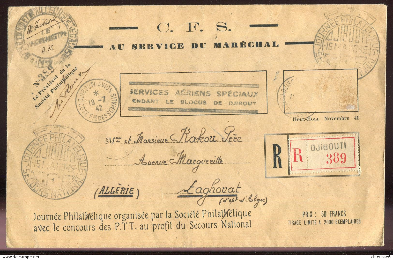 Cote Des Somalis - Lettre - CFS - Au Service Du Maréchal Pétain - Journée Du Timbres 15 MARS 42 - Covers & Documents