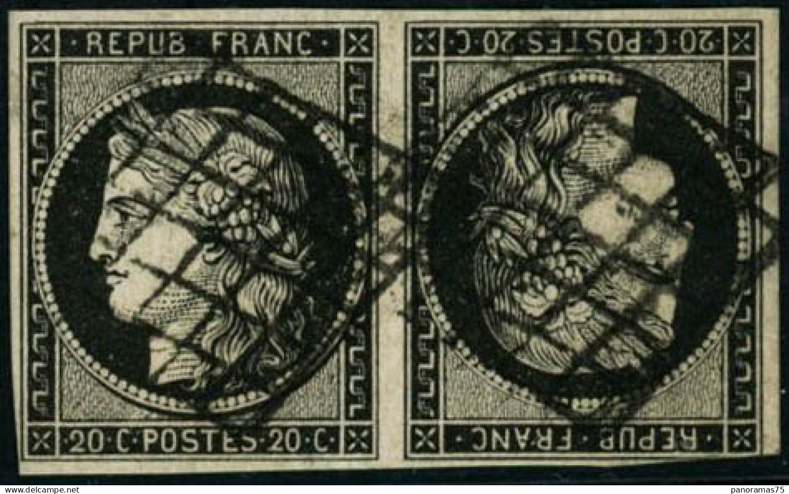 Obl. N°3e 20c Noir S/blanc, Paire Tête-bêche, Petites Marges Signé Roumet, Scheller - B - 1849-1850 Ceres