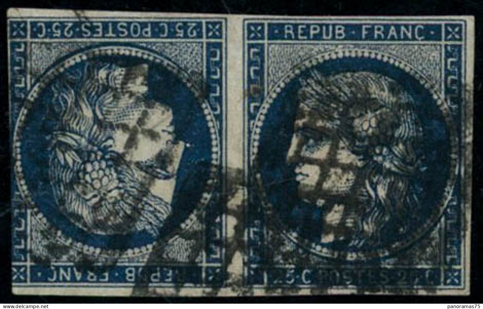 Obl. N°4c 25c Bleu, Paire Tête-bêche, 2è Choix Signé Roumet, Scheller - B - 1849-1850 Cérès