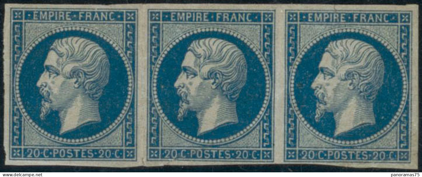 ** N°14B 20c Bleu, Type II, Bande De 3 Quelques Plis De Gomme - B - 1853-1860 Napoléon III.