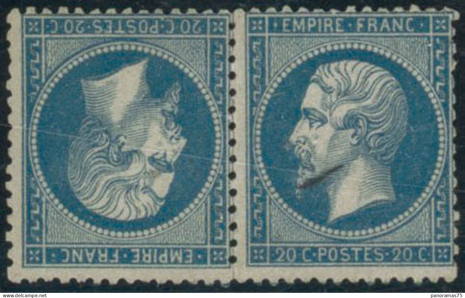 ** N°22b 20c Bleu, Paire Tête-bèche, Signé Scheller - TB - 1862 Napoléon III.