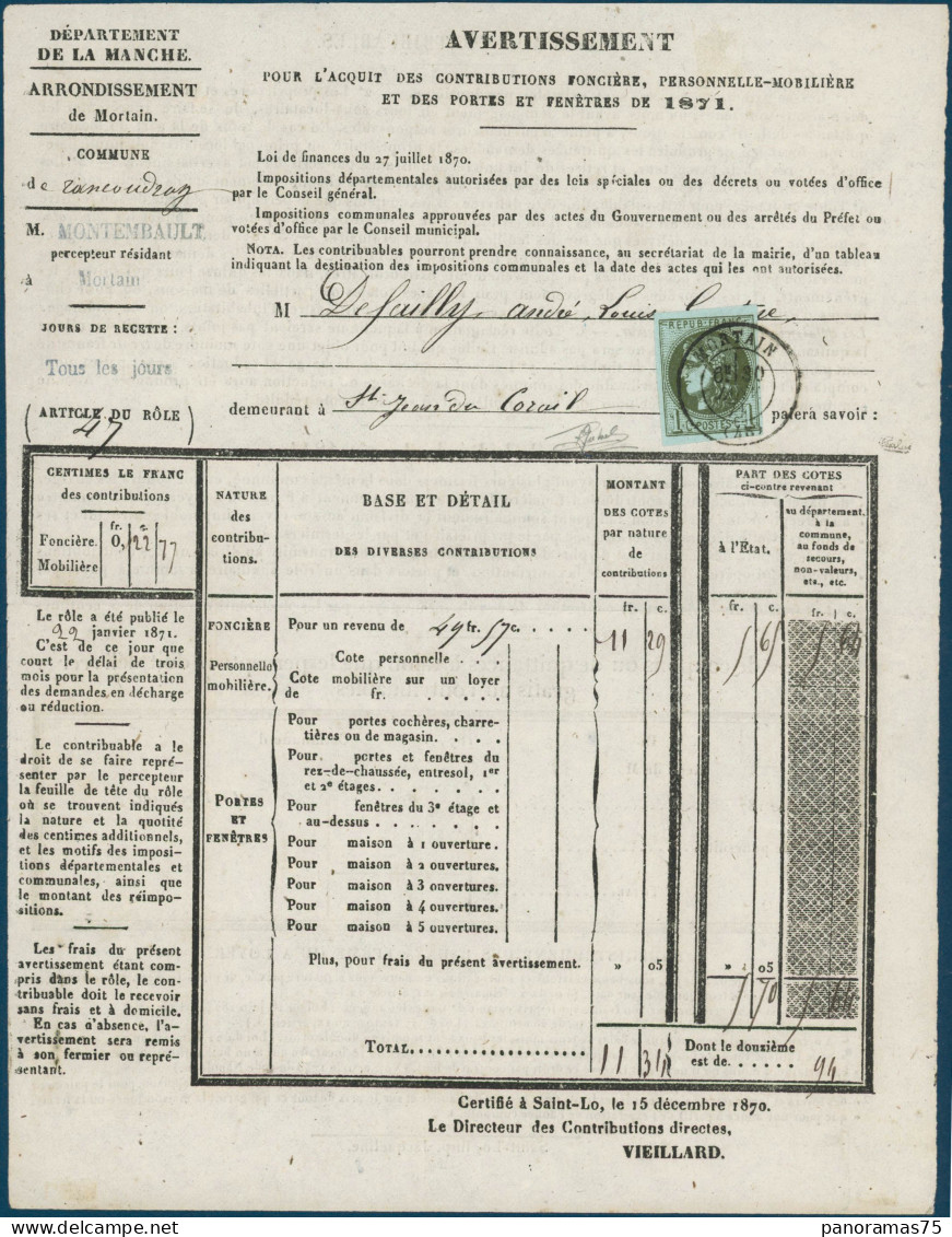 Lettre N°39B 1c Olive R2, Obl CàD Mortain 30/1/71, Qualité Exceptionnelle Très RARE - TB - 1870 Bordeaux Printing