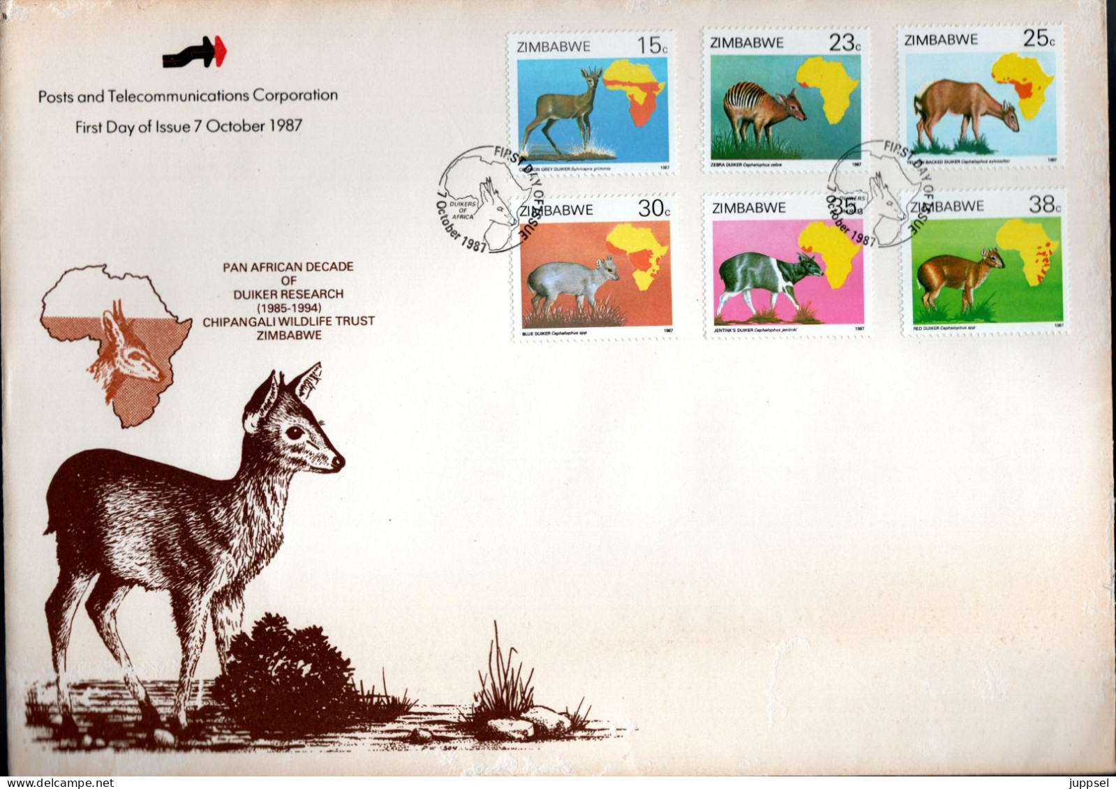 ZIMBABWE FDC, Duiker Research   /   Lettre De Première Jour, Duiker Recherch   1987 - Gibier