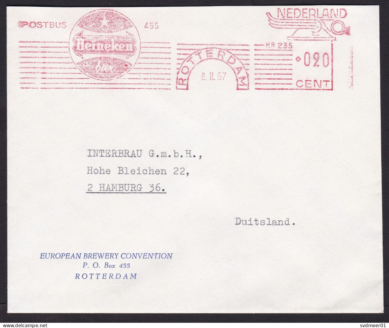 Netherlands: Cover, 1967, Meter Cancel, Heineken Beer, Alcohol, Sent By European Brewery Convention (traces Of Use) - Briefe U. Dokumente