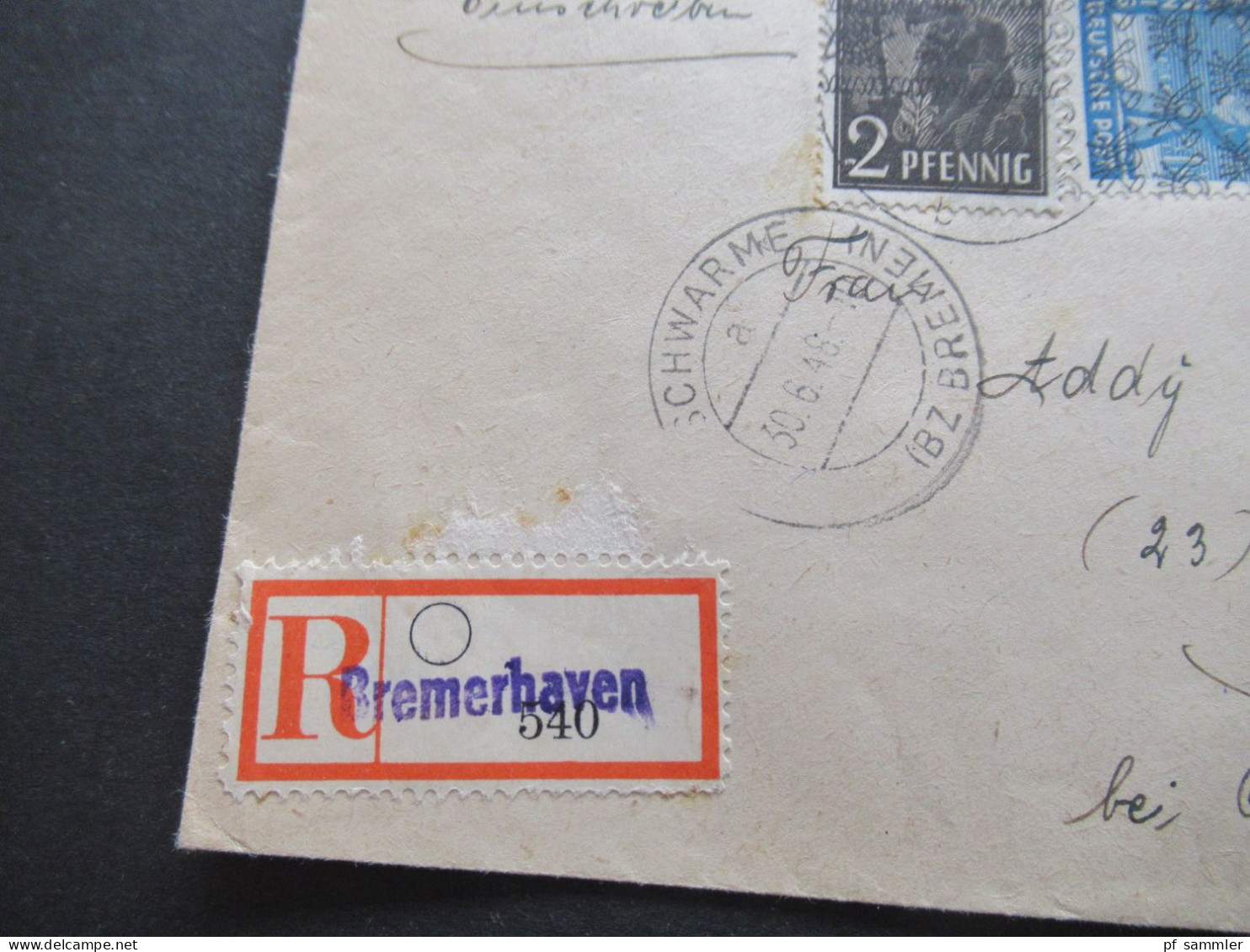 Bizone 6.1948 Band / Netzaufdruck MiF Z.B. 60 PF Mit Teil-HAN Einschreiben Not R-Zettel Gestempel Bremerhaven - Lettres & Documents