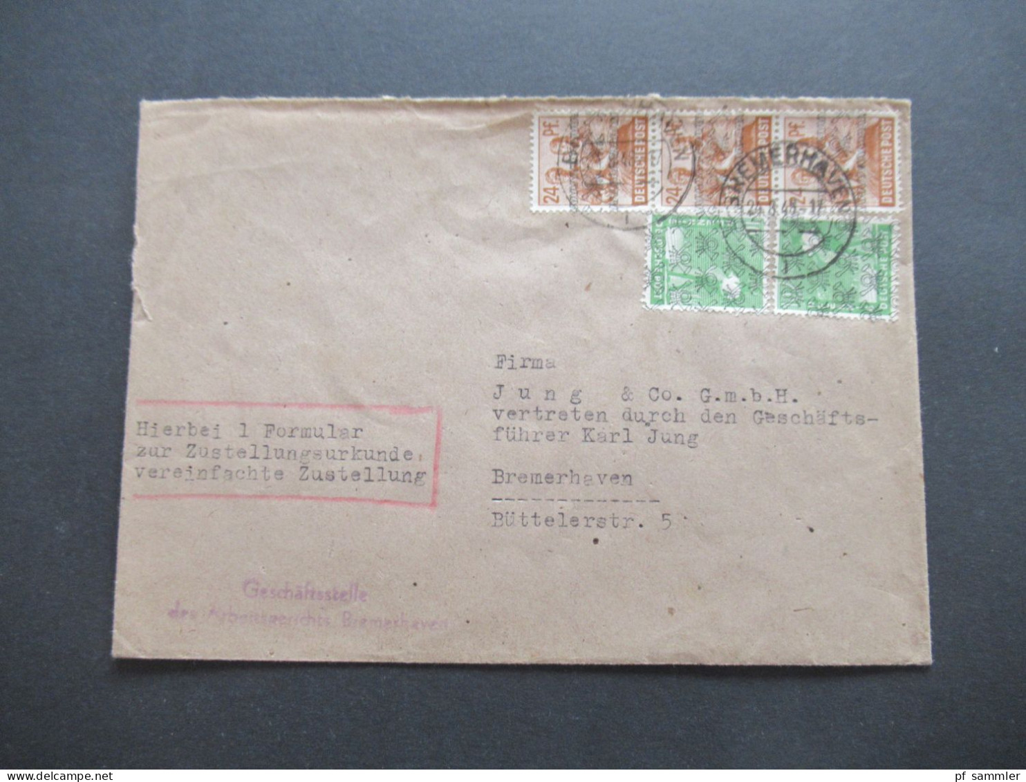 Bizone 8.1948 Band / Netzaufdruck MiF Int. Portostufe! 1 Formular Zur Zustellungsurkunde Arbeitsgericht Bremerhaven - Lettres & Documents
