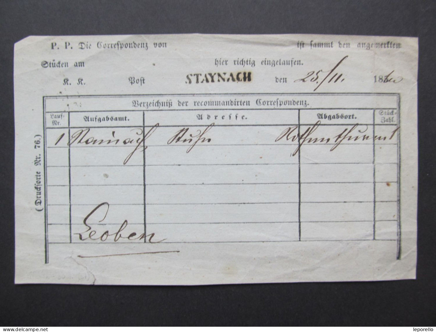 Formular Stainach - Leoben Staynach 1860   // D*58595 - ...-1850 Vorphilatelie