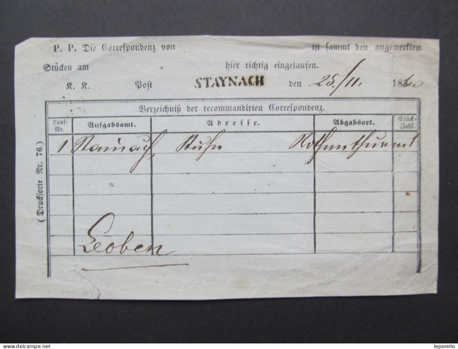 Formular Stainach - Leoben Staynach 1860   // D*58595 - ...-1850 Préphilatélie