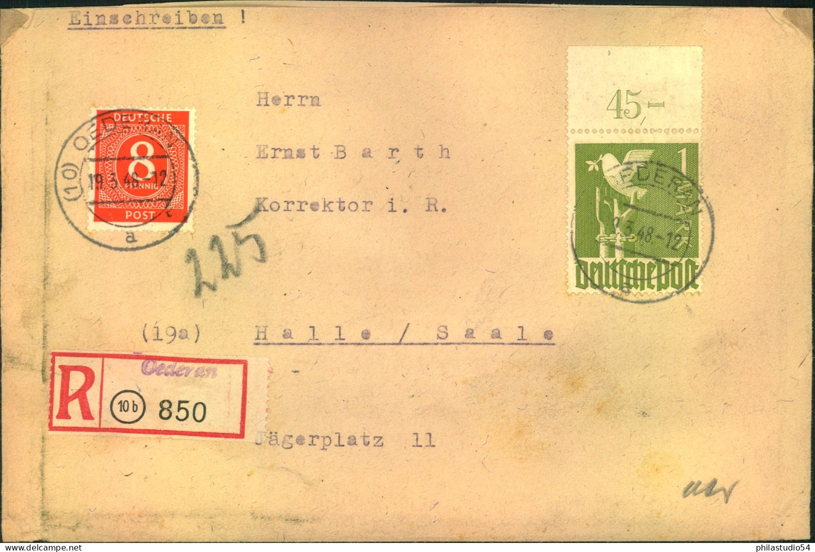 1948, Einschreiben Doppelbruef Mit 1 M Taube OR Dgz Ab (10) OEDERAN Mit R-Tettel (10b)t R-Te - Storia Postale