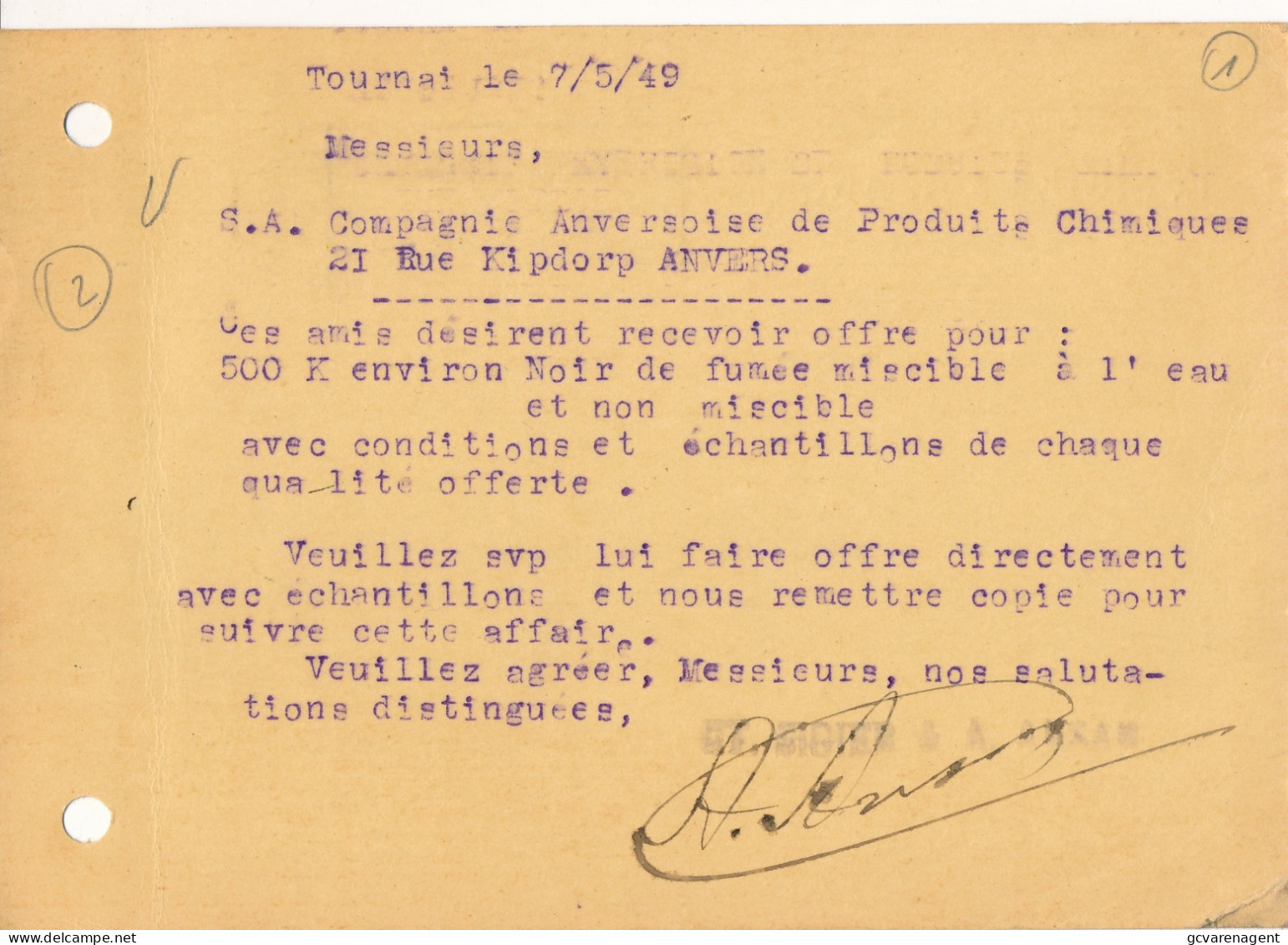 TOURNAI - PRODUITS CHIMIQUES - E.SIGIER & A.ANSAR    1949            2 SCANS - Tournai