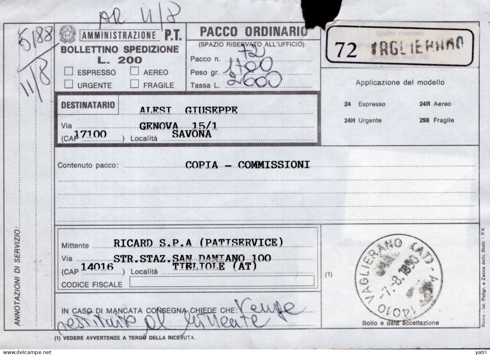 Italia (1990) - Bollettino Pacchi Da Vaglierano (AT) Per Savona - (copia Commissioni) - Postpaketten