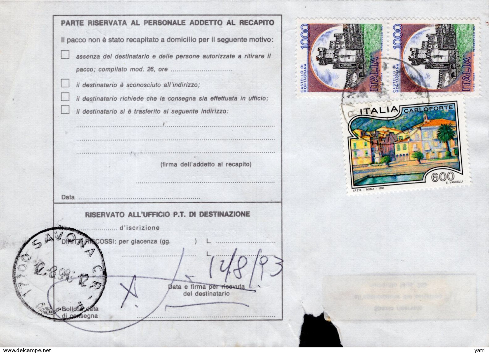 Italia (1990) - Bollettino Pacchi Da Vaglierano (AT) Per Savona - (copia Commissioni) - Postpaketten