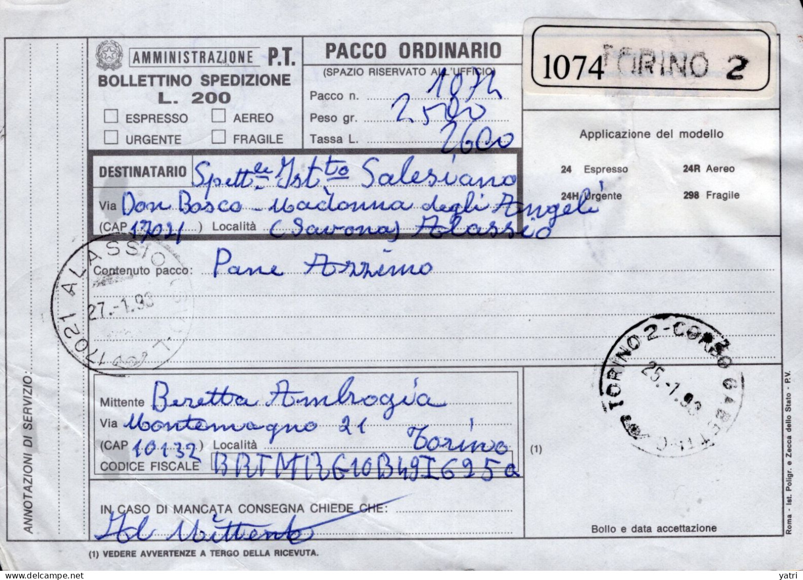 Italia (1993) - Bollettino Pacchi Da Torino Per Alassio (SV) - (pane Azzimo) - Postal Parcels