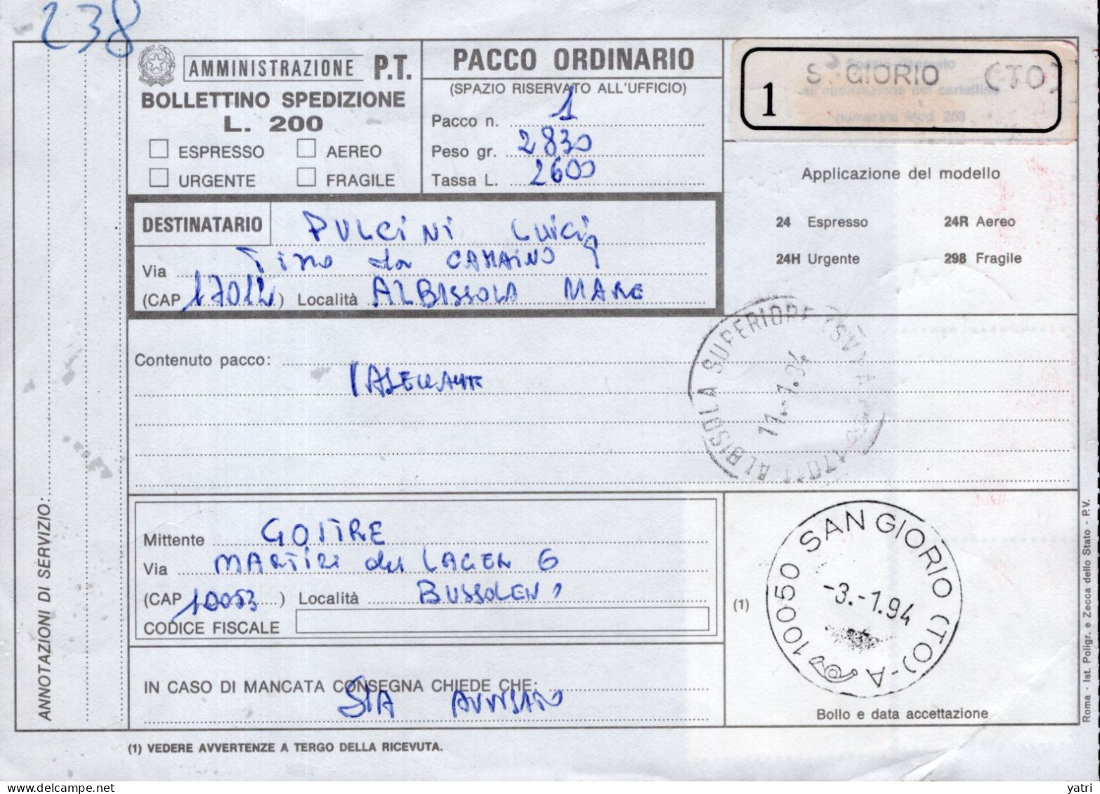 Italia (1994) - Bollettino Pacchi Da  San Giorio Di Susa (TO) Per Albissola Mare - (vasellame) - Postpaketten